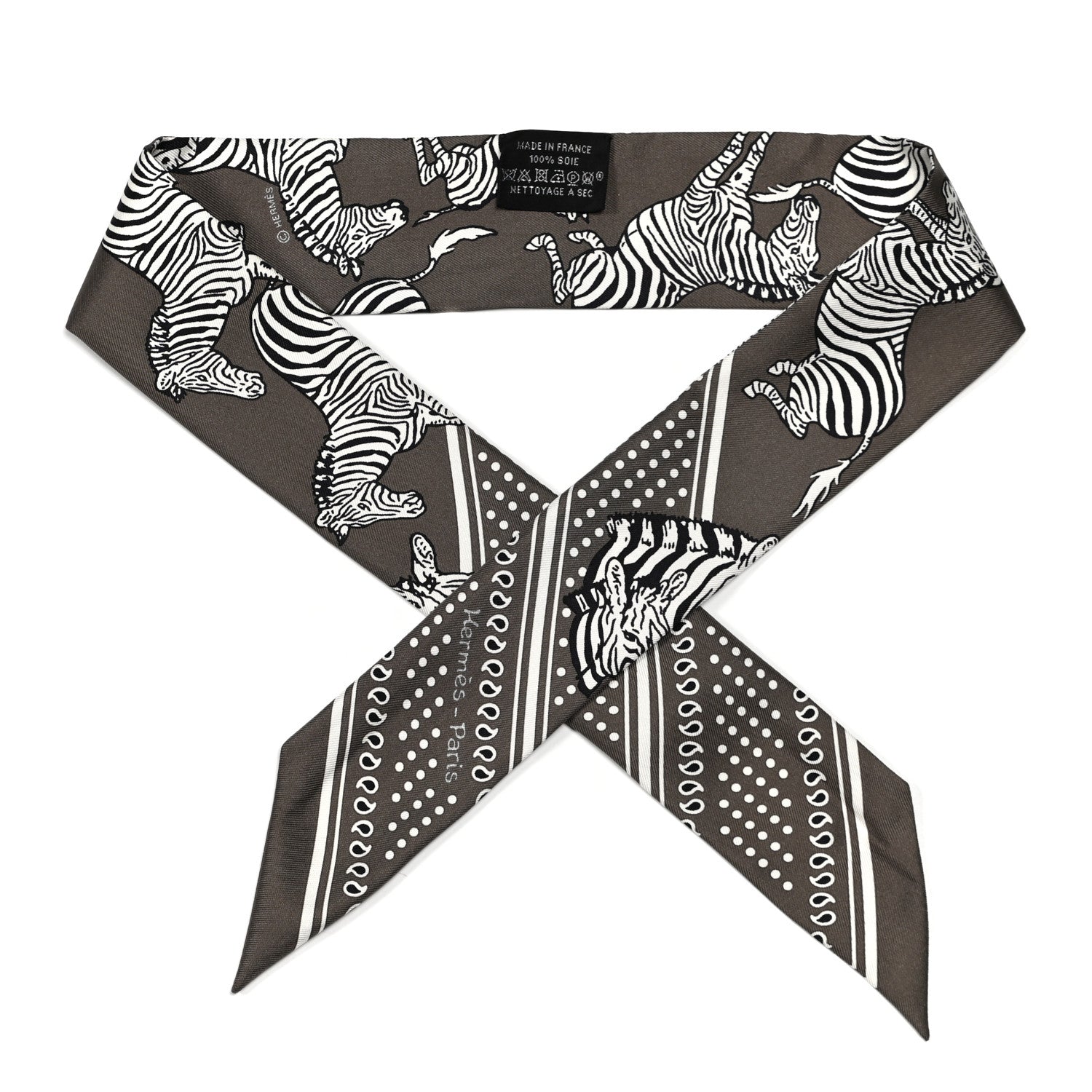 Hermes Silk Les Zebres Twilly Gris Taupe Black White 1 of 4