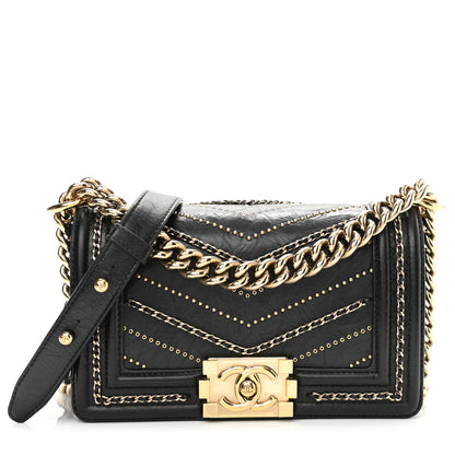 Chanel Crumpled Calfskin Chevron Small Chain Boy Flap Black 1 of 10