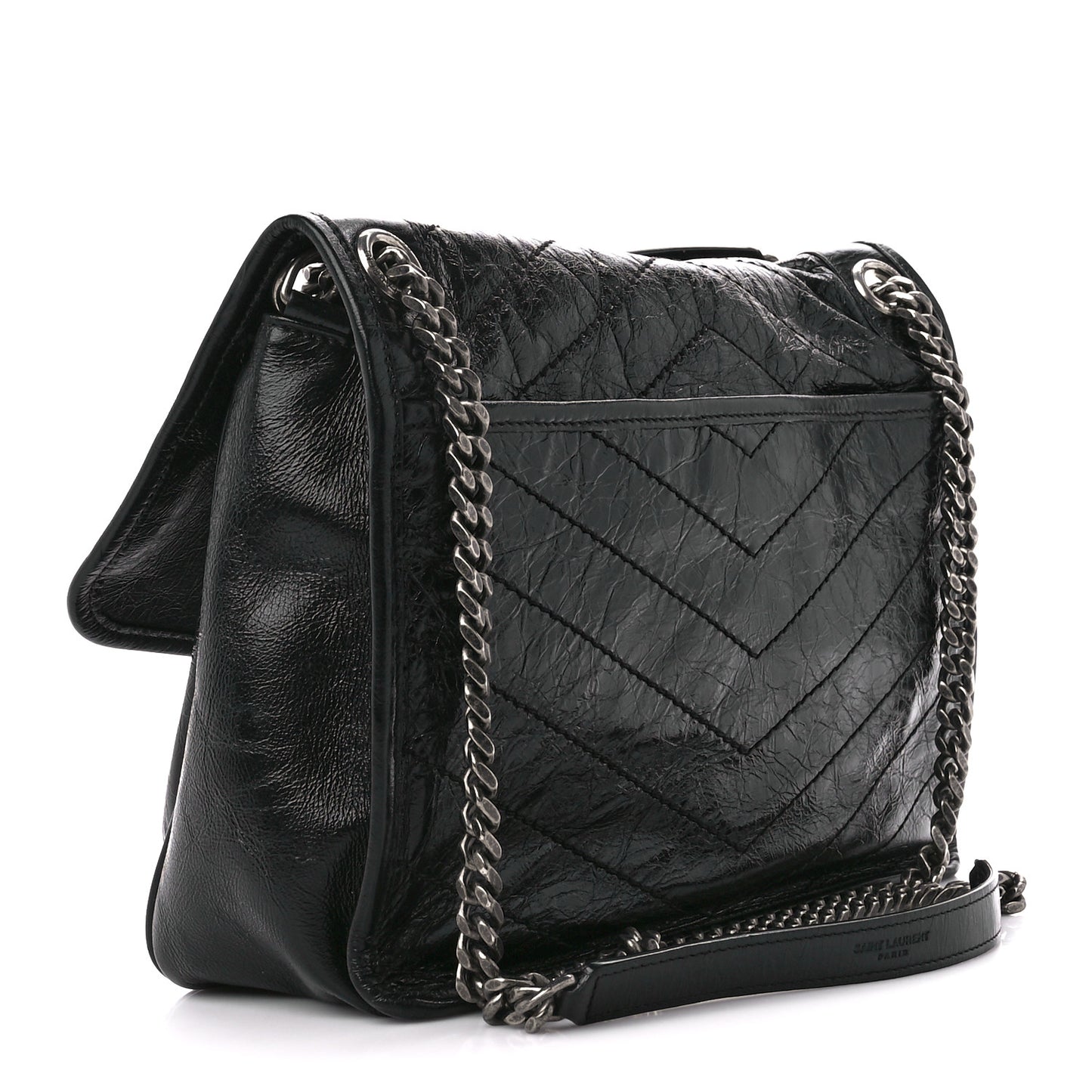 Crinkled Calfskin Matelasse Monogram Medium Niki Chain Satchel Black