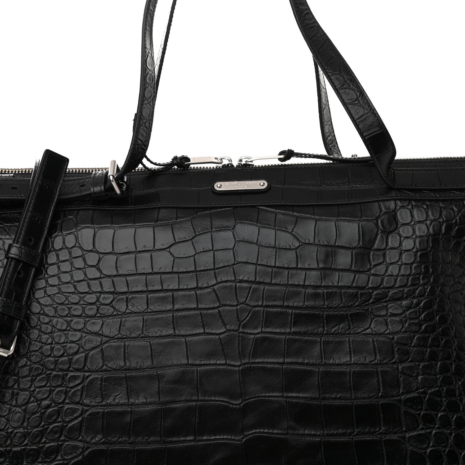 Saint Laurent Calfskin Crocodile Embossed Large Convertible ID Bag Black 8 of 10