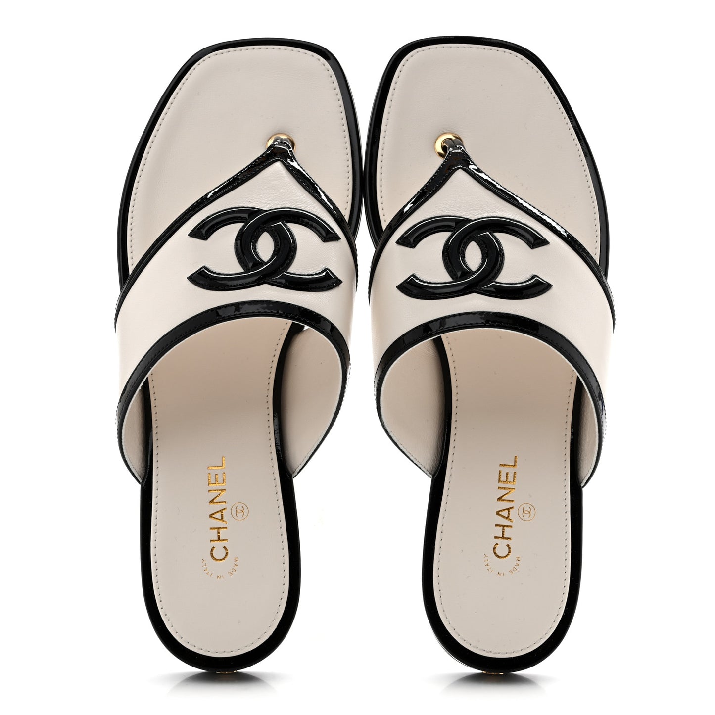 Lambskin Patent Calfskin CC Thong Sandals 38.5 White Black