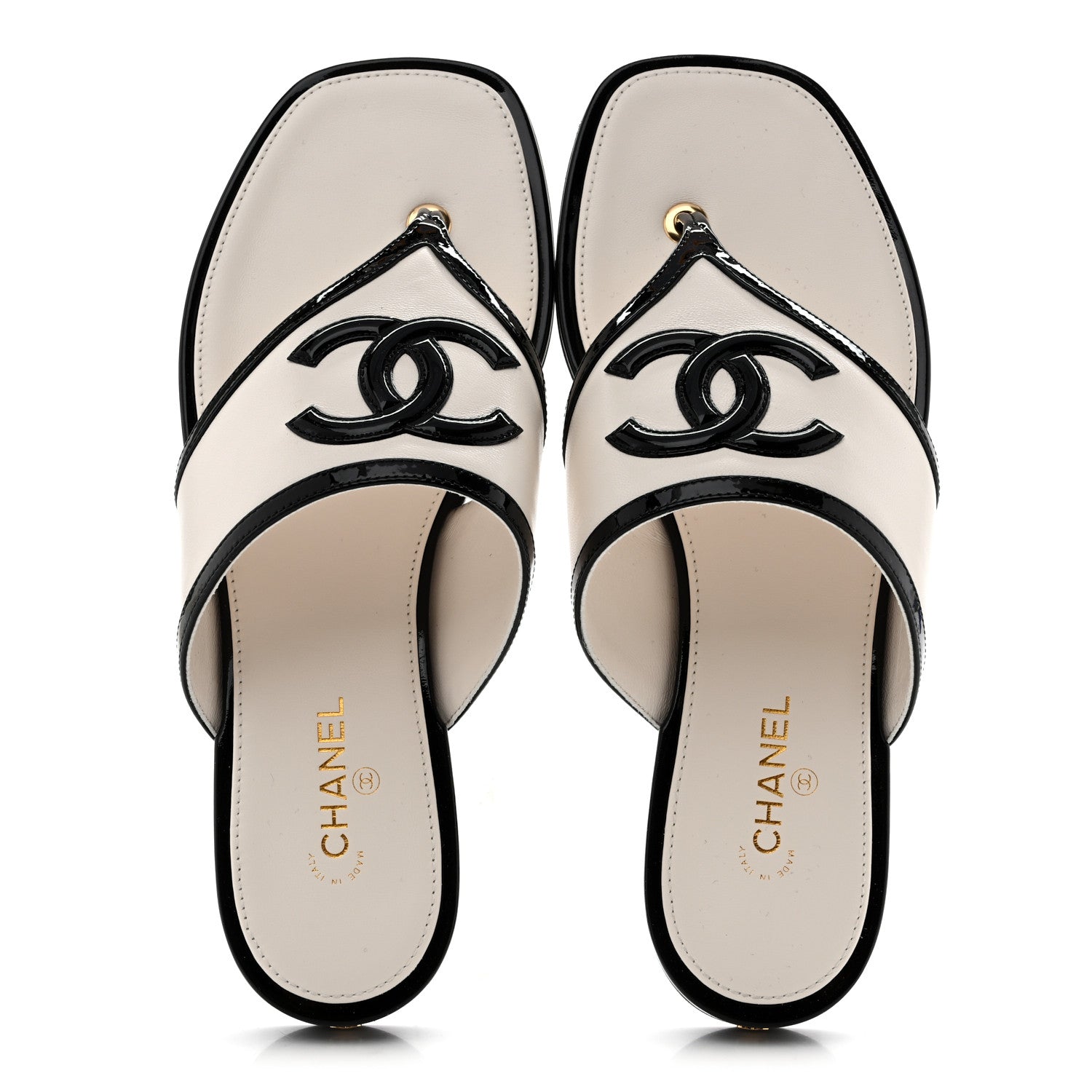 Chanel Lambskin Patent Calfskin CC Thong Sandals 38.5 White Black 2 of 10
