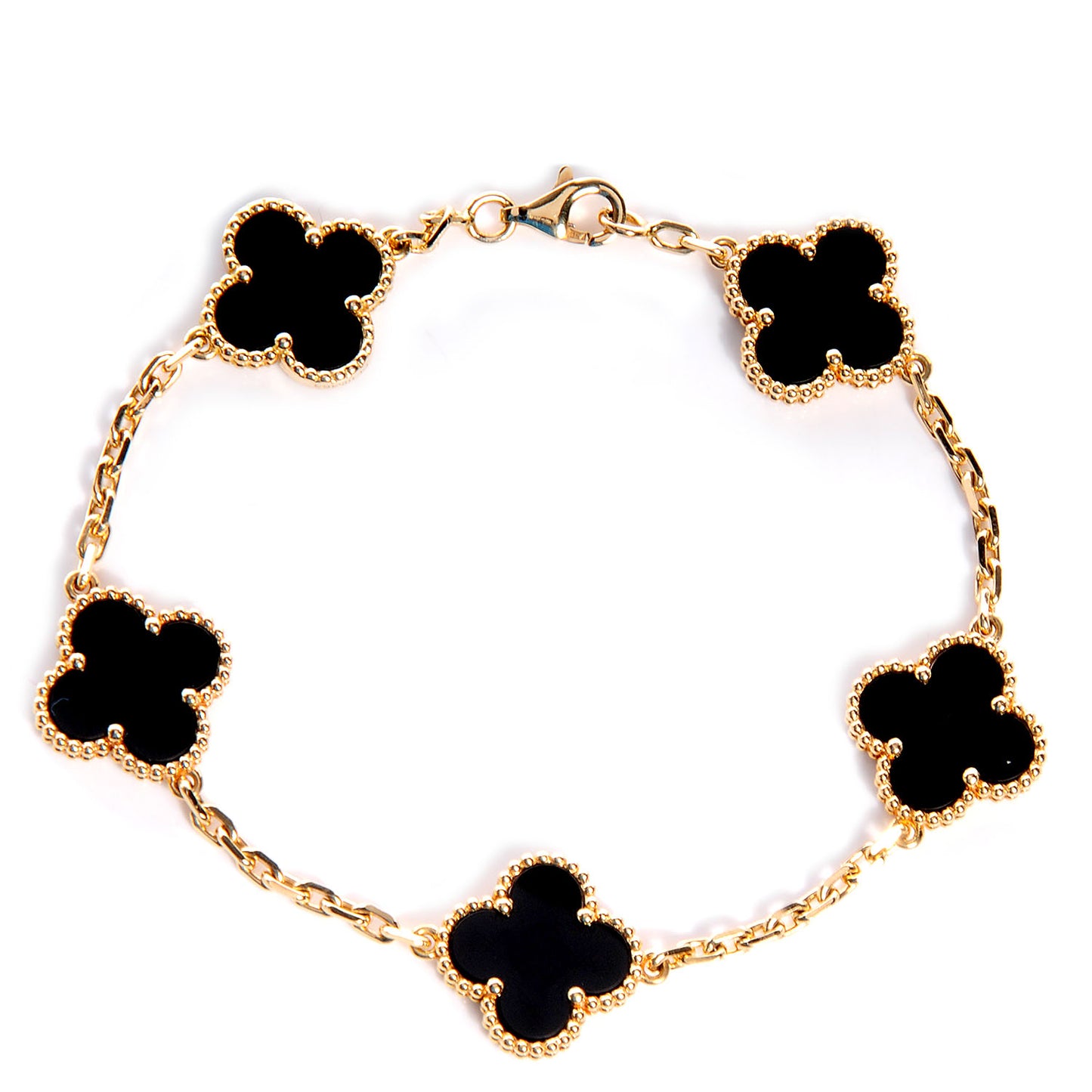 18K Yellow Gold Black Onyx 5 Motifs Vintage Alhambra Bracelet
