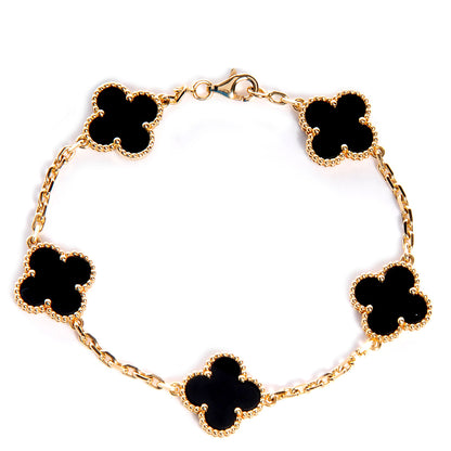 Van Cleef & Arpels 18K Yellow Gold Black Onyx 5 Motifs Vintage Alhambra Bracelet 1 of 7