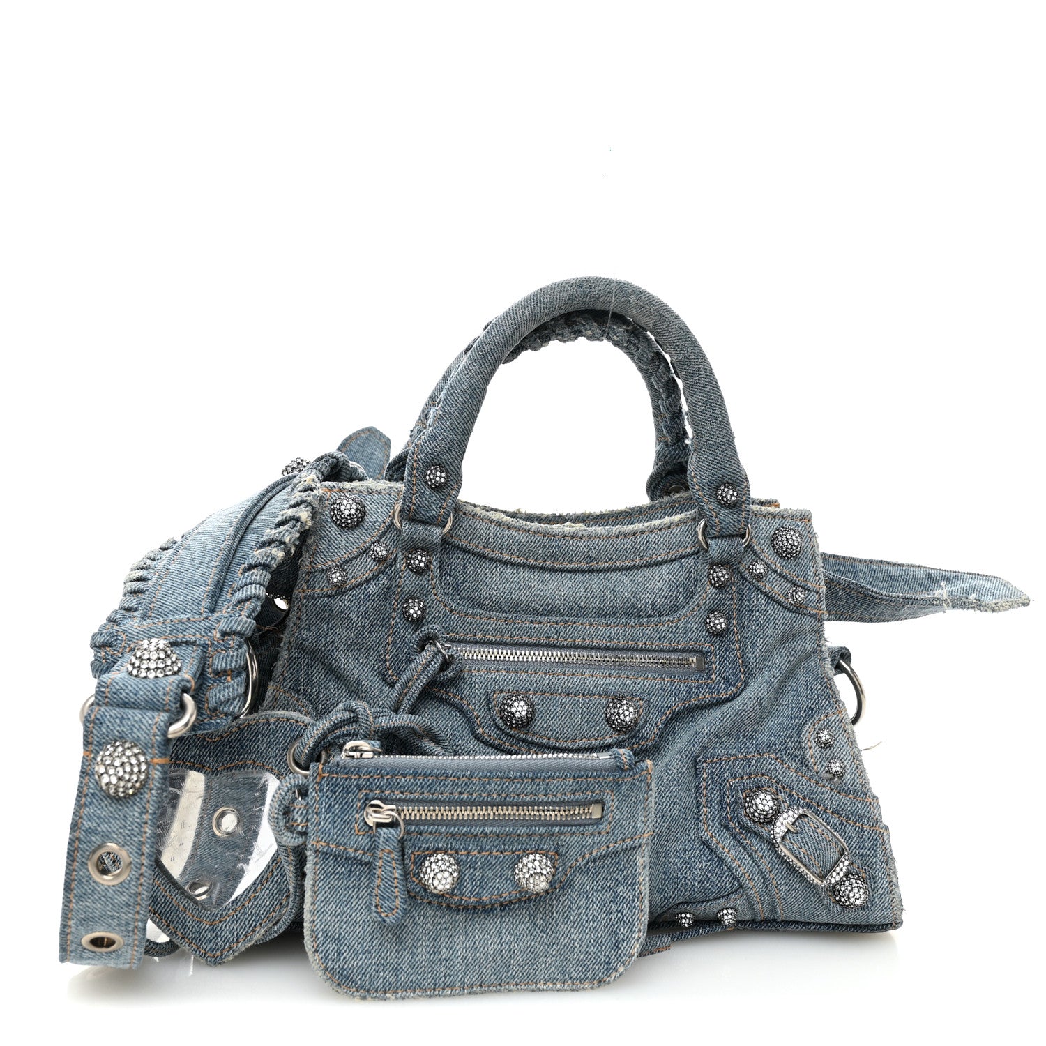 Balenciaga Washed Frayed Denim Crystal Neo Cagole Handbag XS Blue
