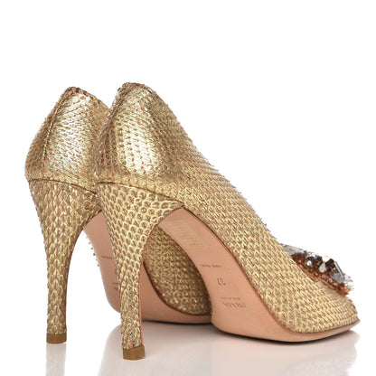 Prada Metallic Snakeskin Crystal Peep Toe Pumps 37 Gold 4 of 14