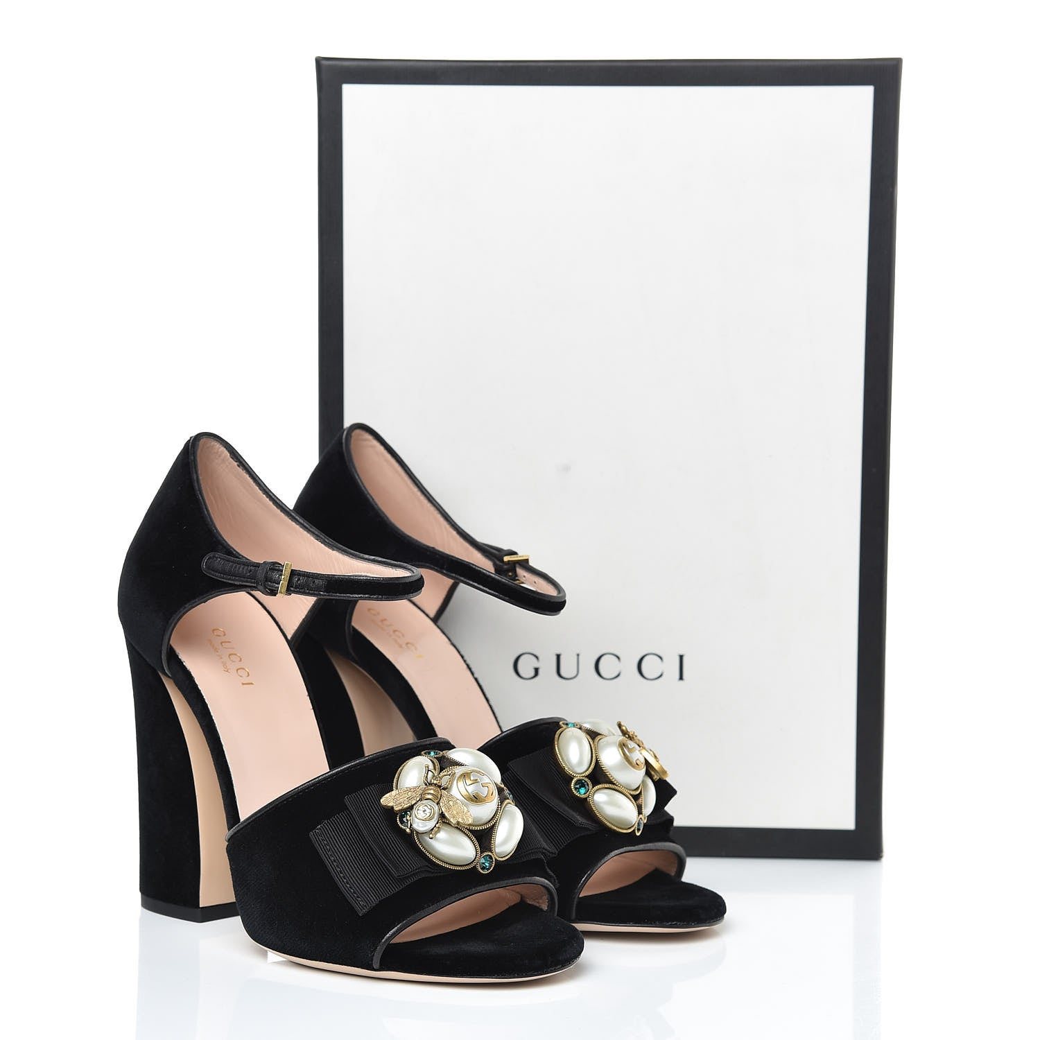Gucci Velvet Pearl Bee Embellished Sandals 38 Black 15 of 15