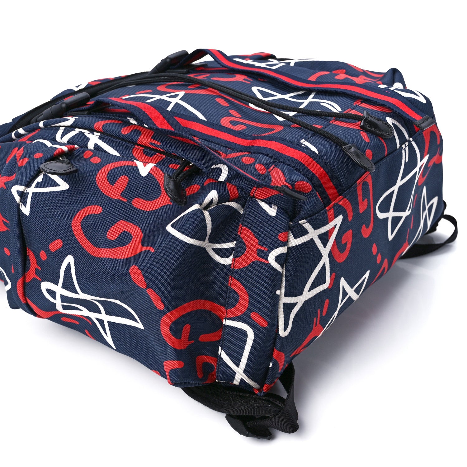 Gucci Techno Canvas GucciGhost Double Buckle Backpack Blue Agata Hibiscus Red 12 of 13