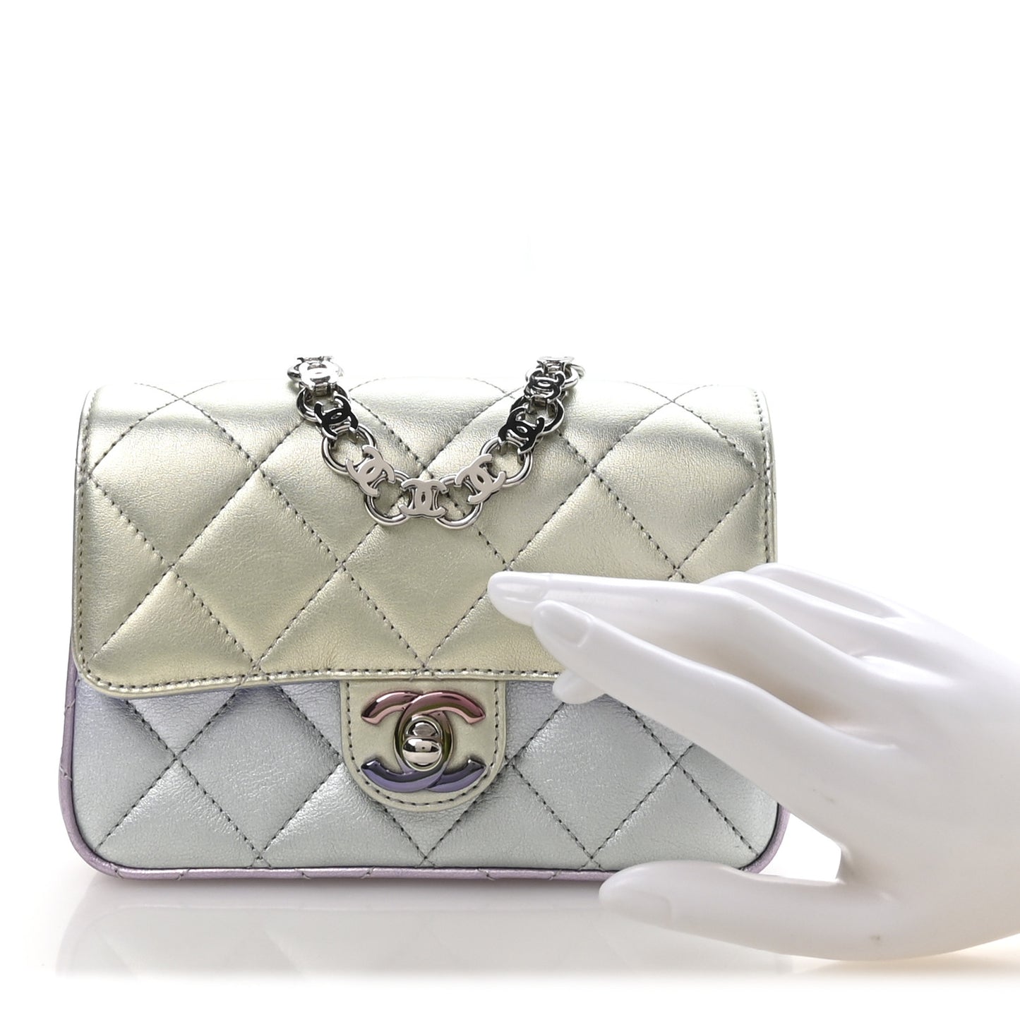 Gradient Metallic Calfskin Quilted Clutch Silver Blue Yellow Purple