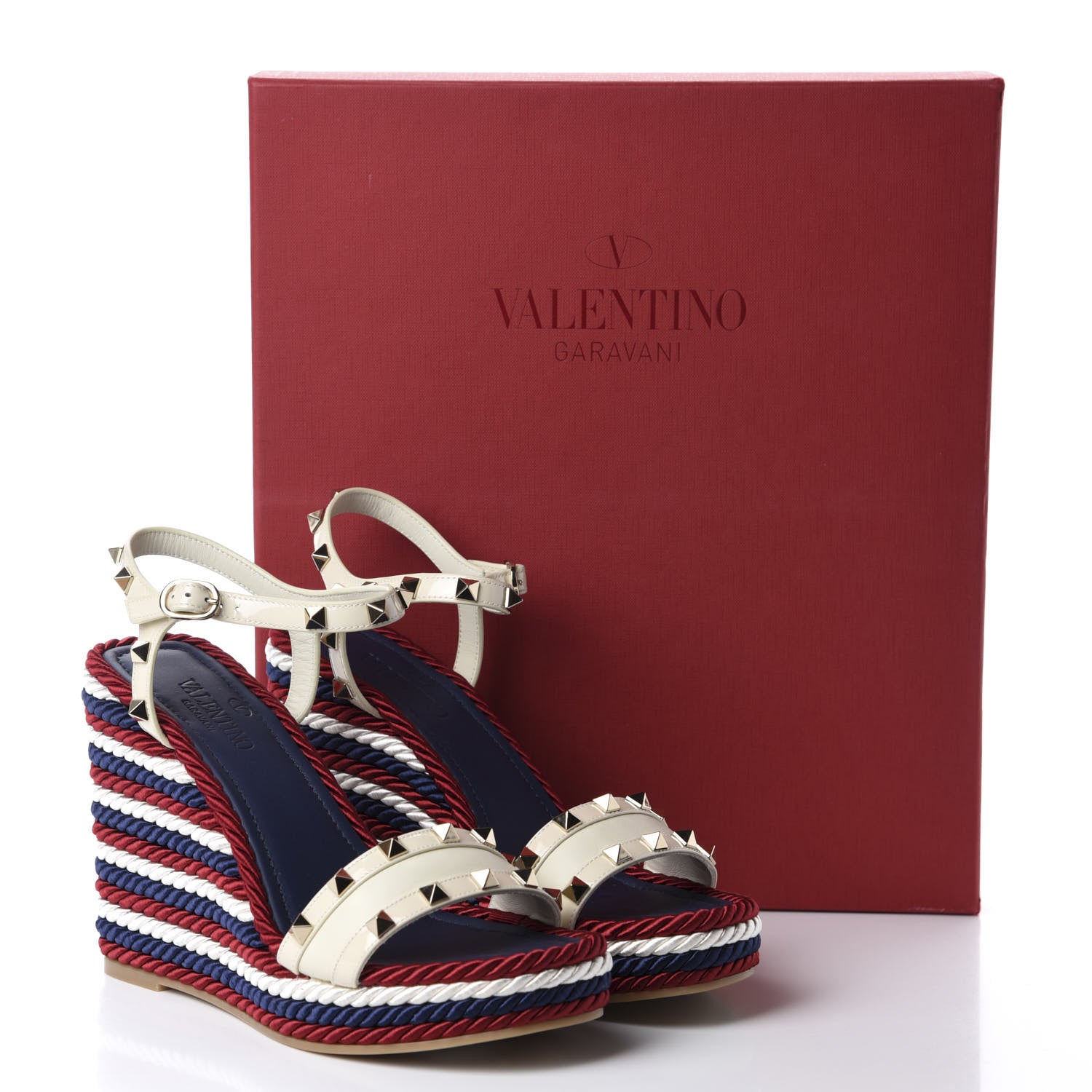 Valentino Garavani Patent Calfskin Rockstud Torchon Espadrille 25/115mm Wedge Sandals 39 Light Ivory 10 of 10