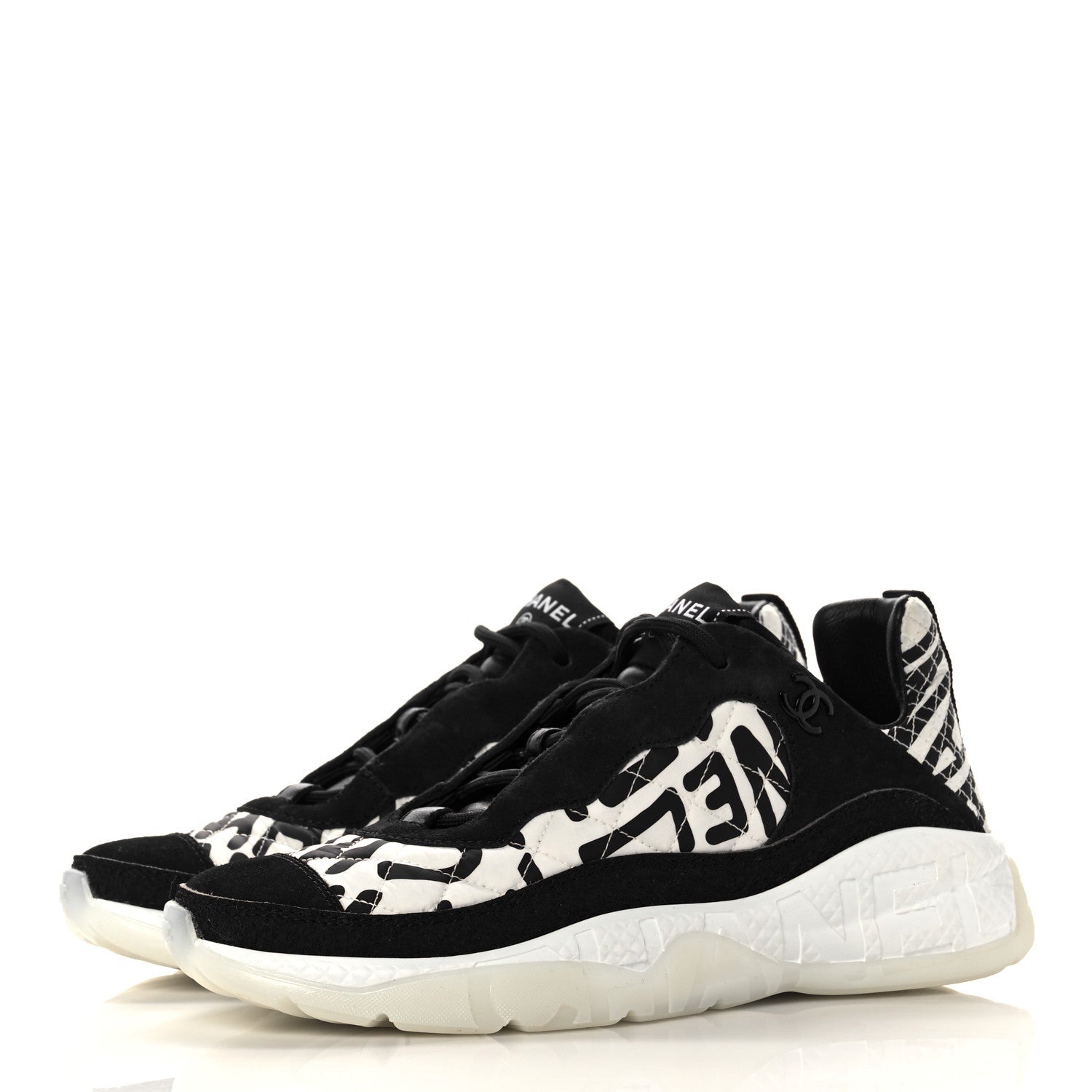 Chanel Nylon Suede Calfskin Printed Sneakers 38.5 White Black 3 of 7