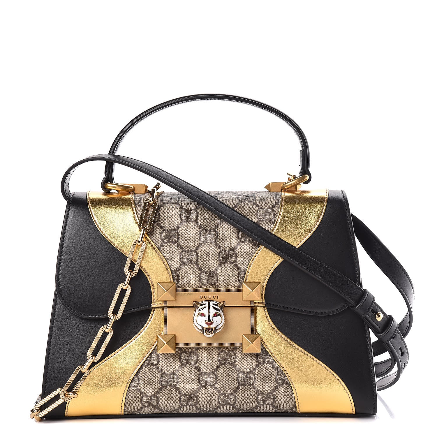 Gucci GG Supreme Monogram Small Osiride Top Handle Bag Black Gold 1 of 13