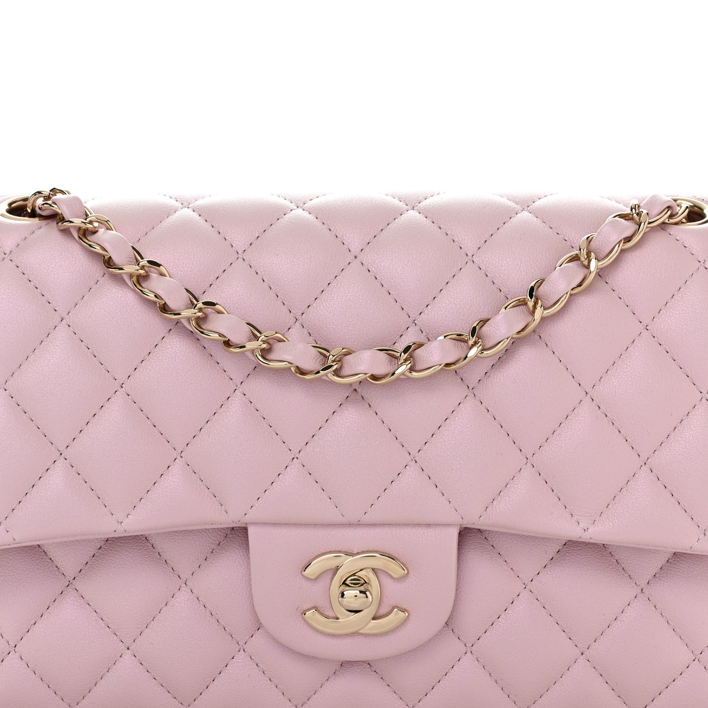 Iridescent Calfskin Quilted Medium Double Flap Light Pink