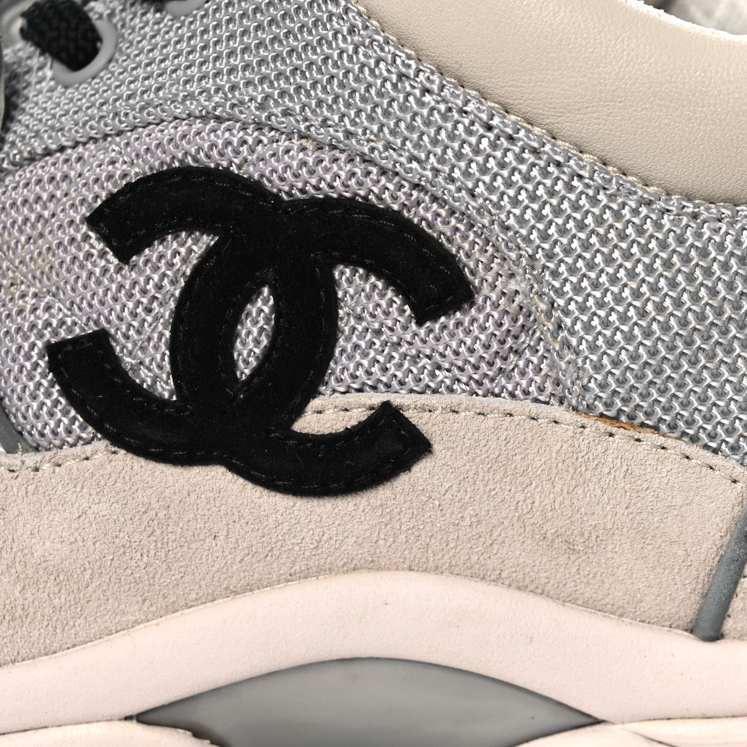 Chanel Mesh Suede Calfskin Grained Calfskin Womens CC Sneakers 37 Grey White 12 of 17