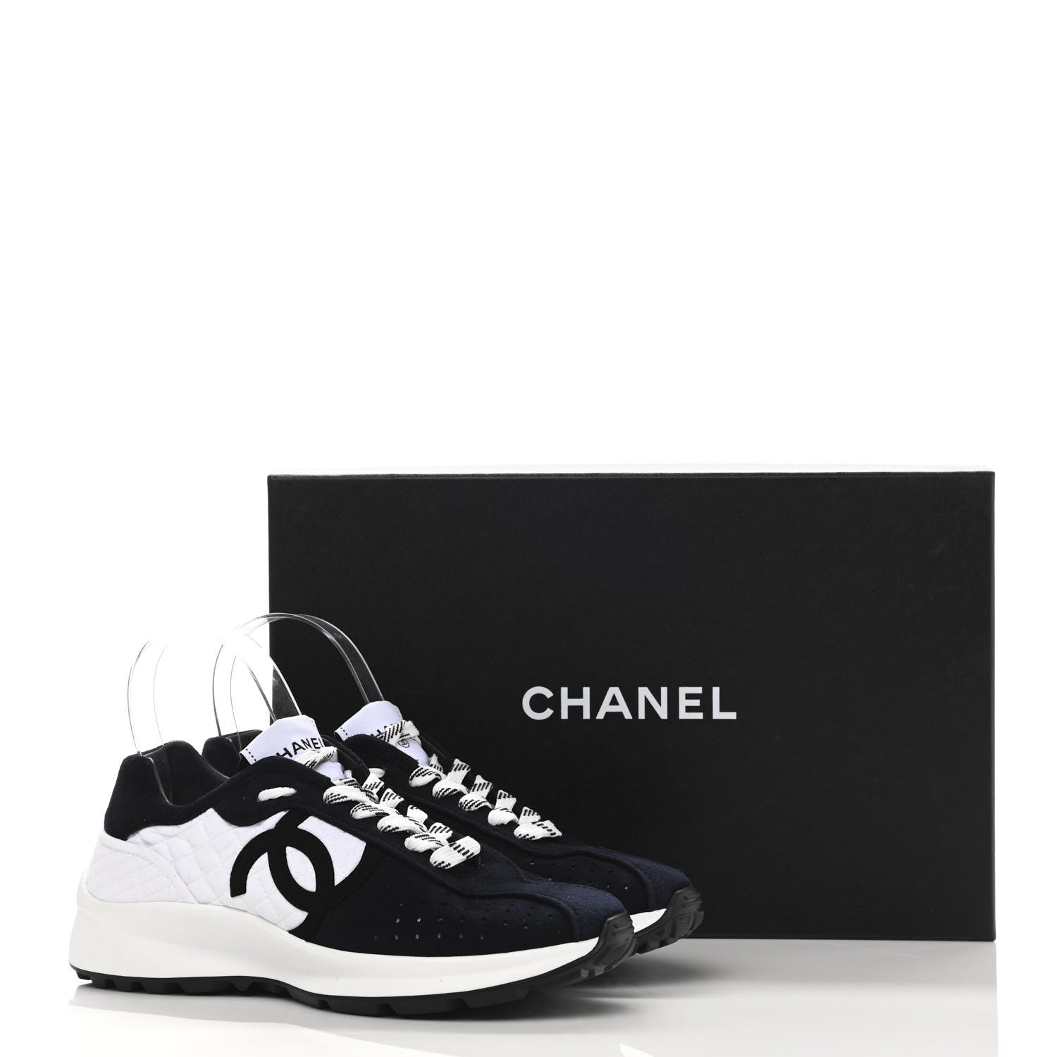 Chanel Fabric Suede Kidskin CC Sneakers 37 Dark Navy White 10 of 10