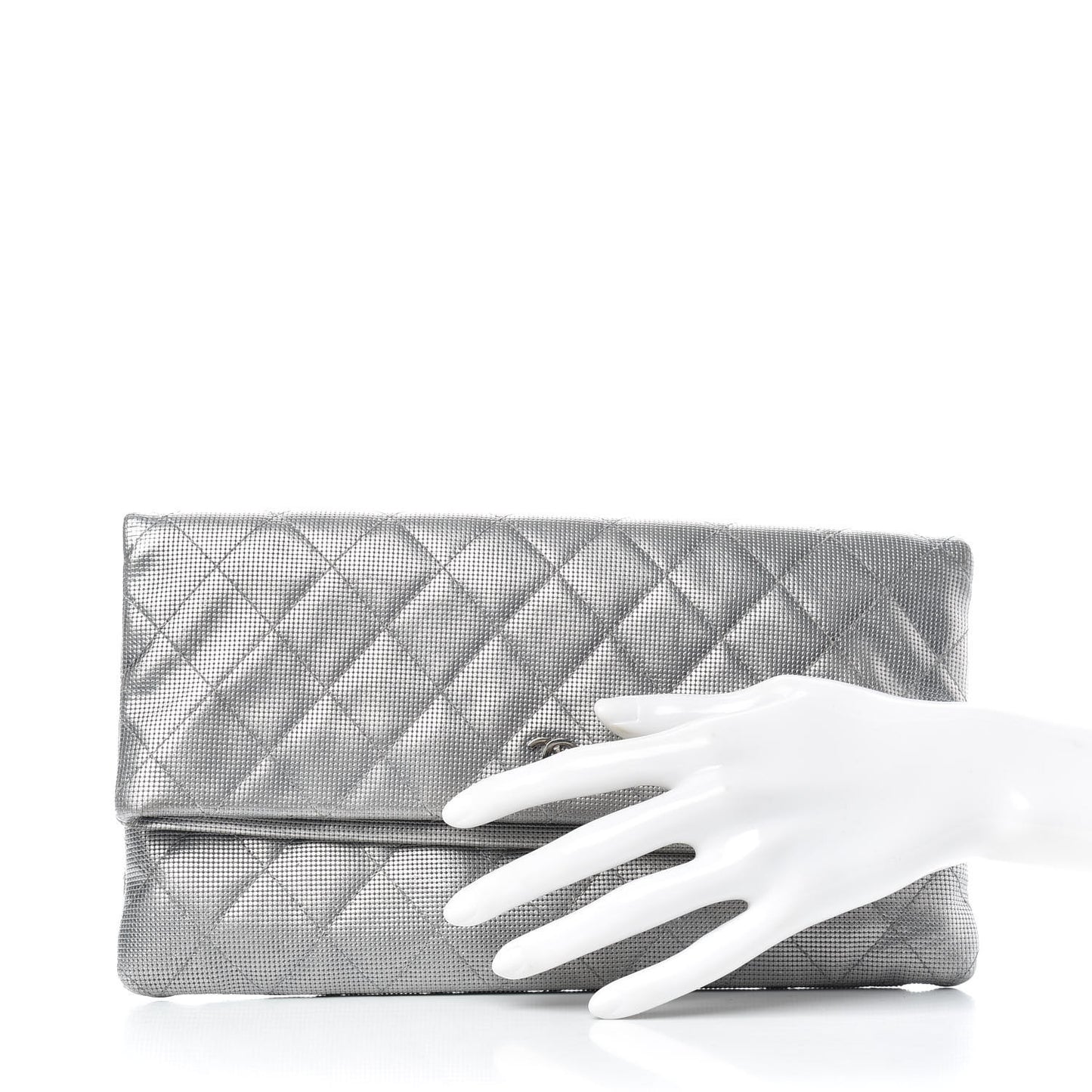Metallic Calfskin Quilted Pixel Effect CC Beauty Clutch Silver