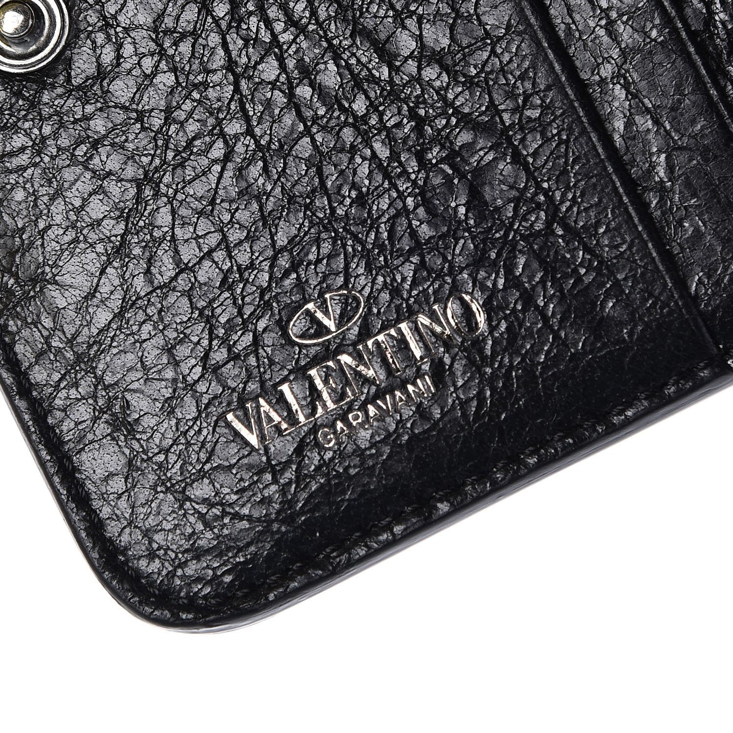 Craquele Nappa Rockstud Spike Compact Zip Around Wallet Black