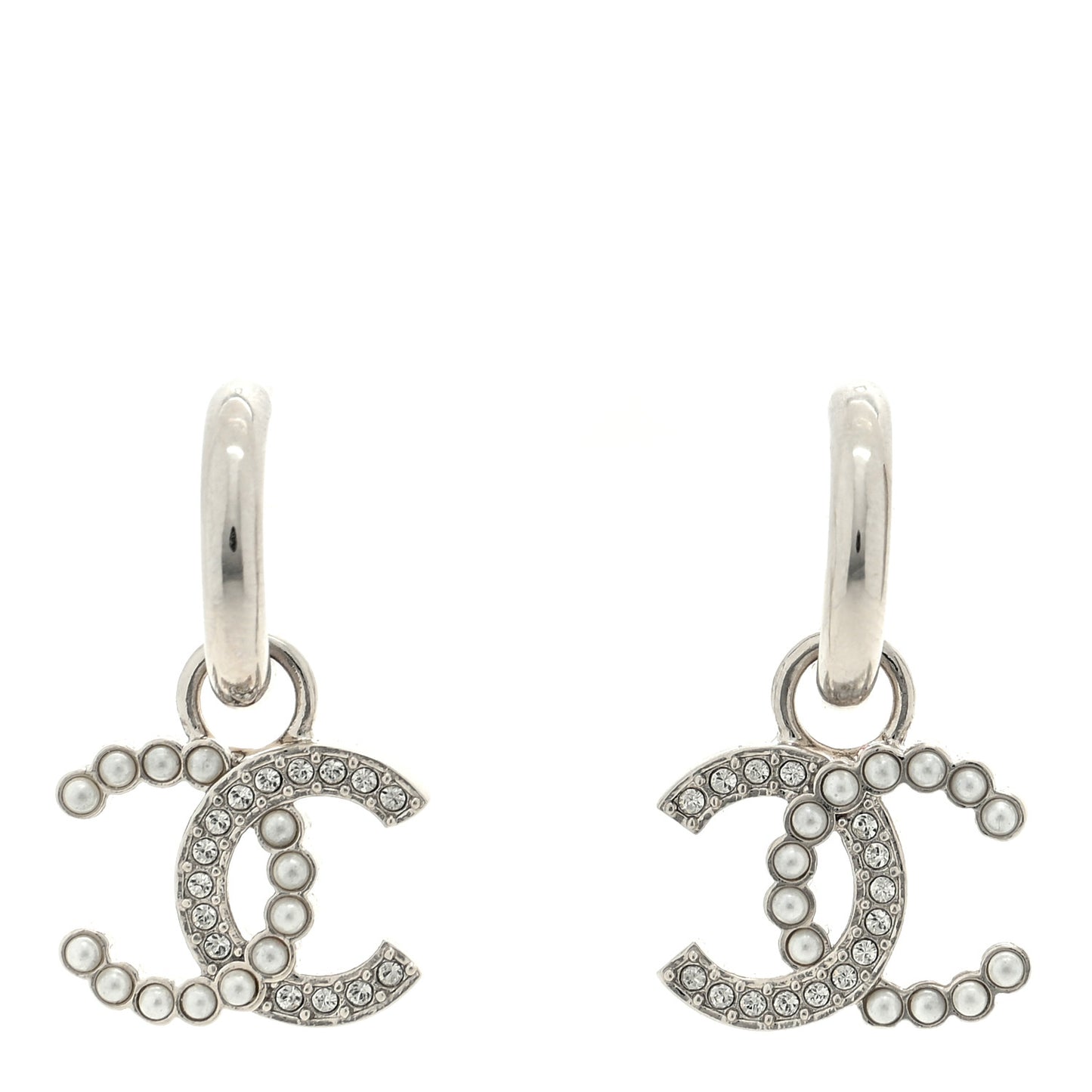 Metal Crystal CC Hoop Drop Earrings Silver