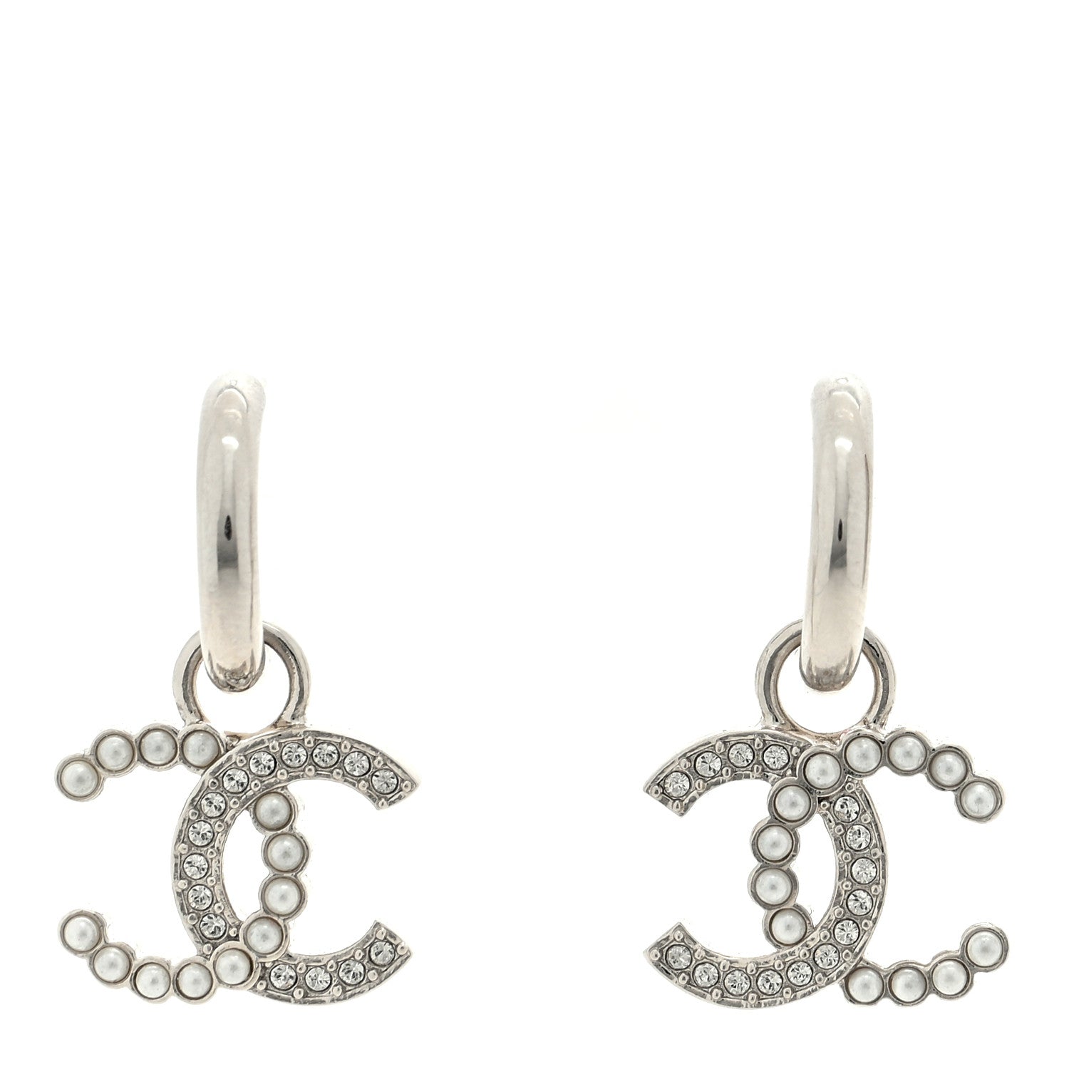 Chanel Metal Crystal CC Hoop Drop Earrings Silver 1 of 4