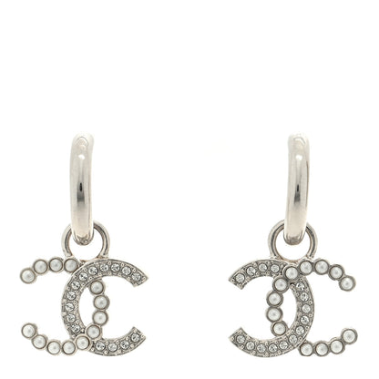 Chanel Metal Crystal CC Hoop Drop Earrings Silver 1 of 4