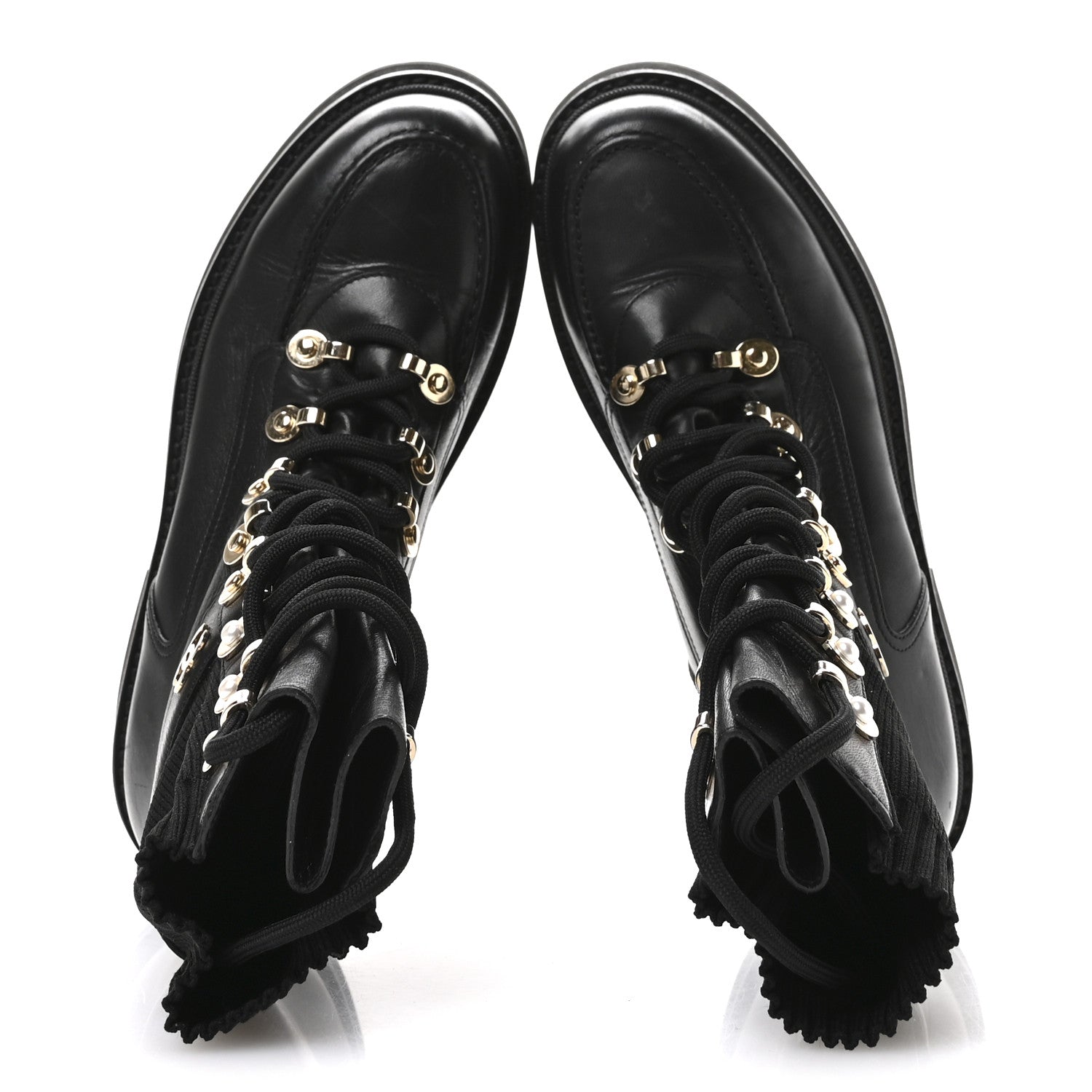 Chanel Calfskin Knit Lace Up Combat Boots 37.5 Black 2 of 8