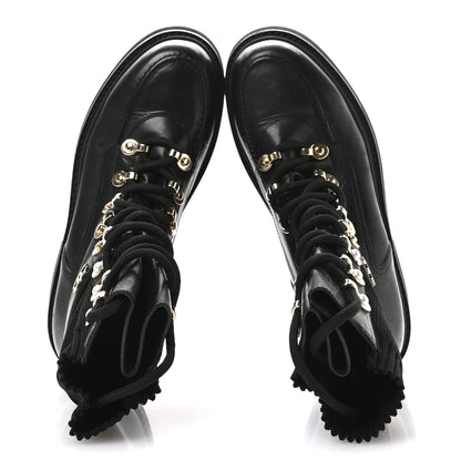 Chanel Calfskin Knit Lace Up Combat Boots 37.5 Black 2 of 8