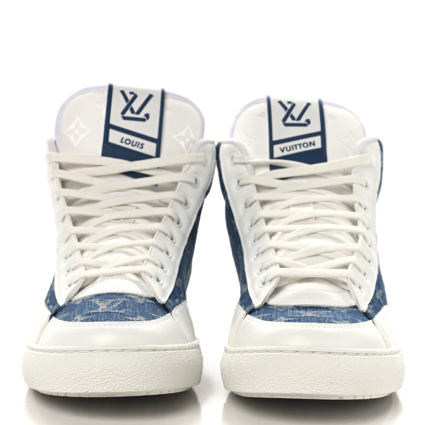 Calfskin Monogram Denim Mens Charlie High Top Sneakers 9 White Blue