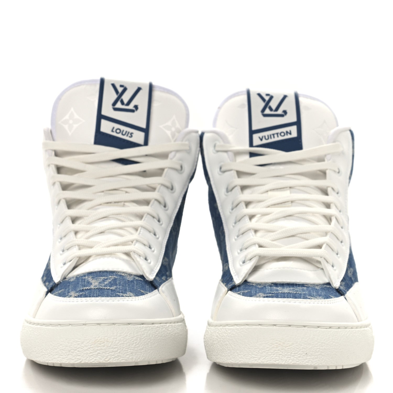 Louis Vuitton Calfskin Monogram Denim Mens Charlie High Top Sneakers 9 White Blue 3 of 9