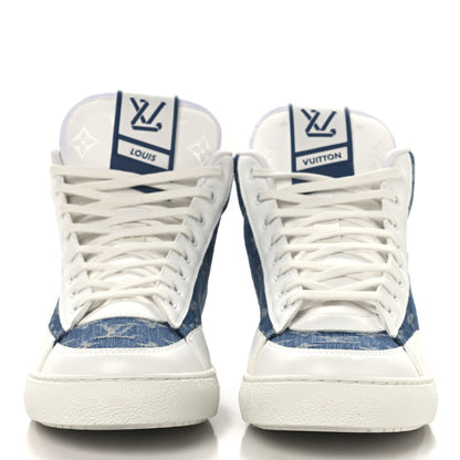 Louis Vuitton Calfskin Monogram Denim Mens Charlie High Top Sneakers 9 White Blue 3 of 9