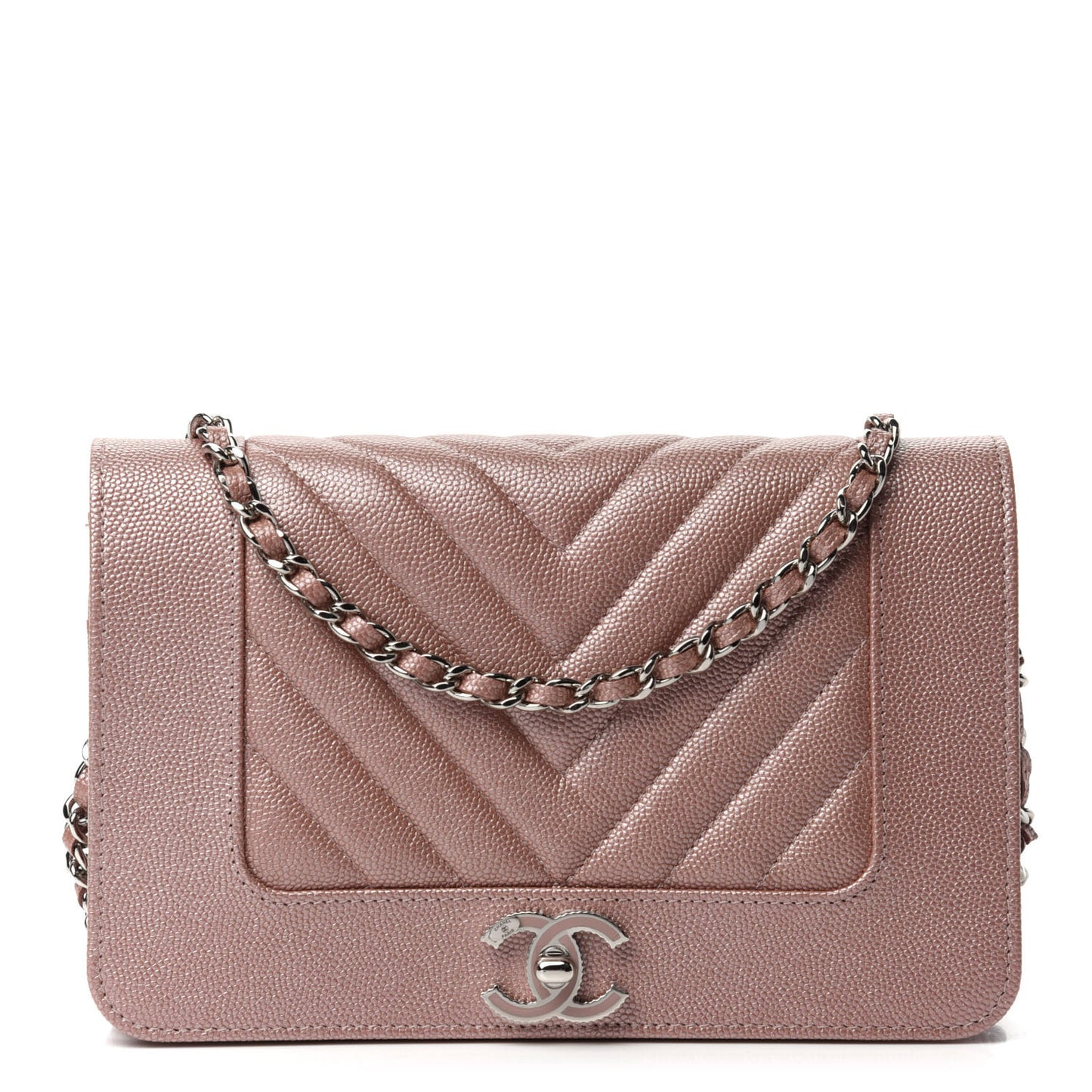 Metallic Caviar Chevron Quilted Vintage Mademoiselle Wallet On Chain WOC Pink