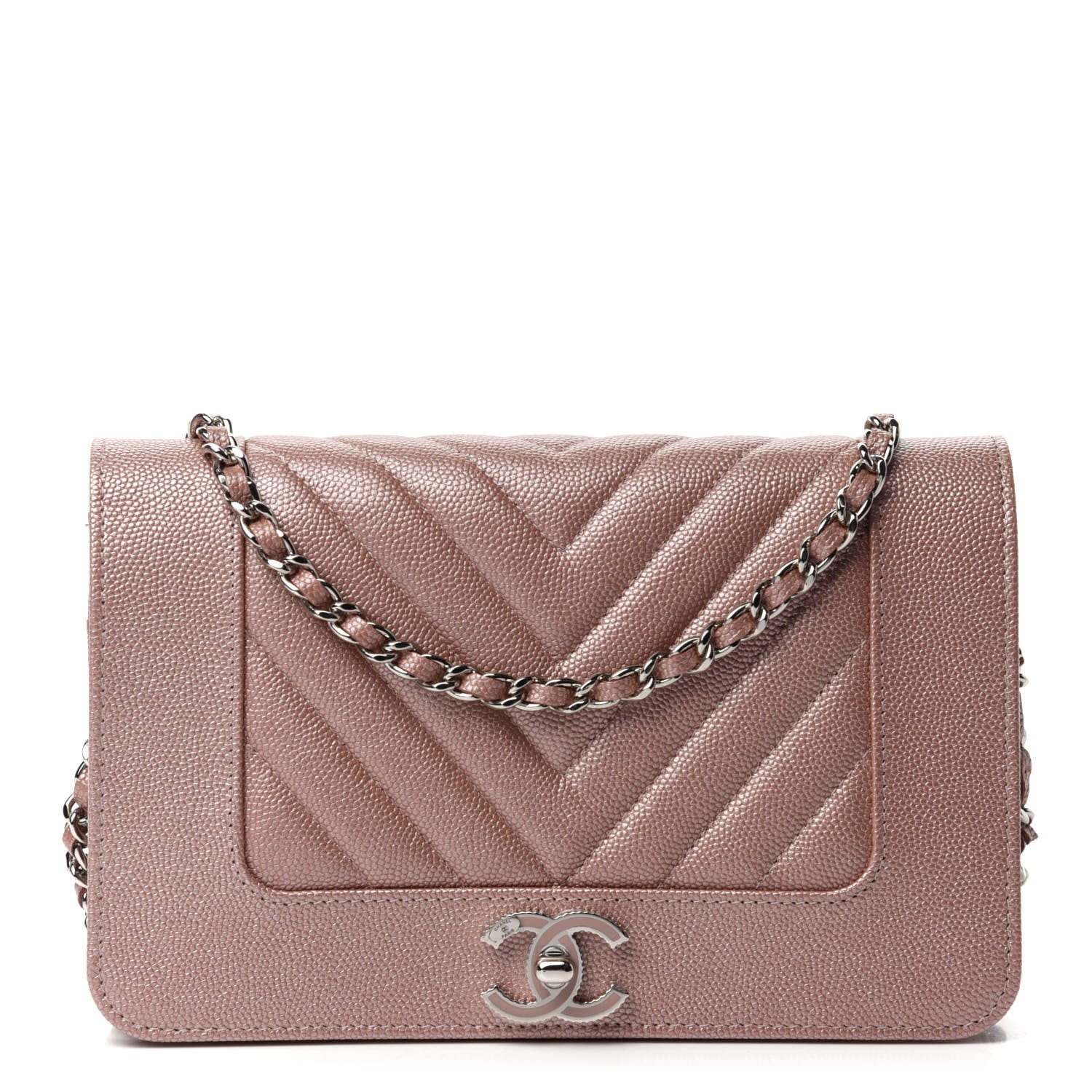 Chanel Metallic Caviar Chevron Quilted Vintage Mademoiselle Wallet On Chain WOC Pink 1 of 12