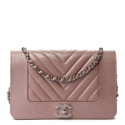 Chanel Metallic Caviar Chevron Quilted Vintage Mademoiselle Wallet On Chain WOC Pink 1 of 12