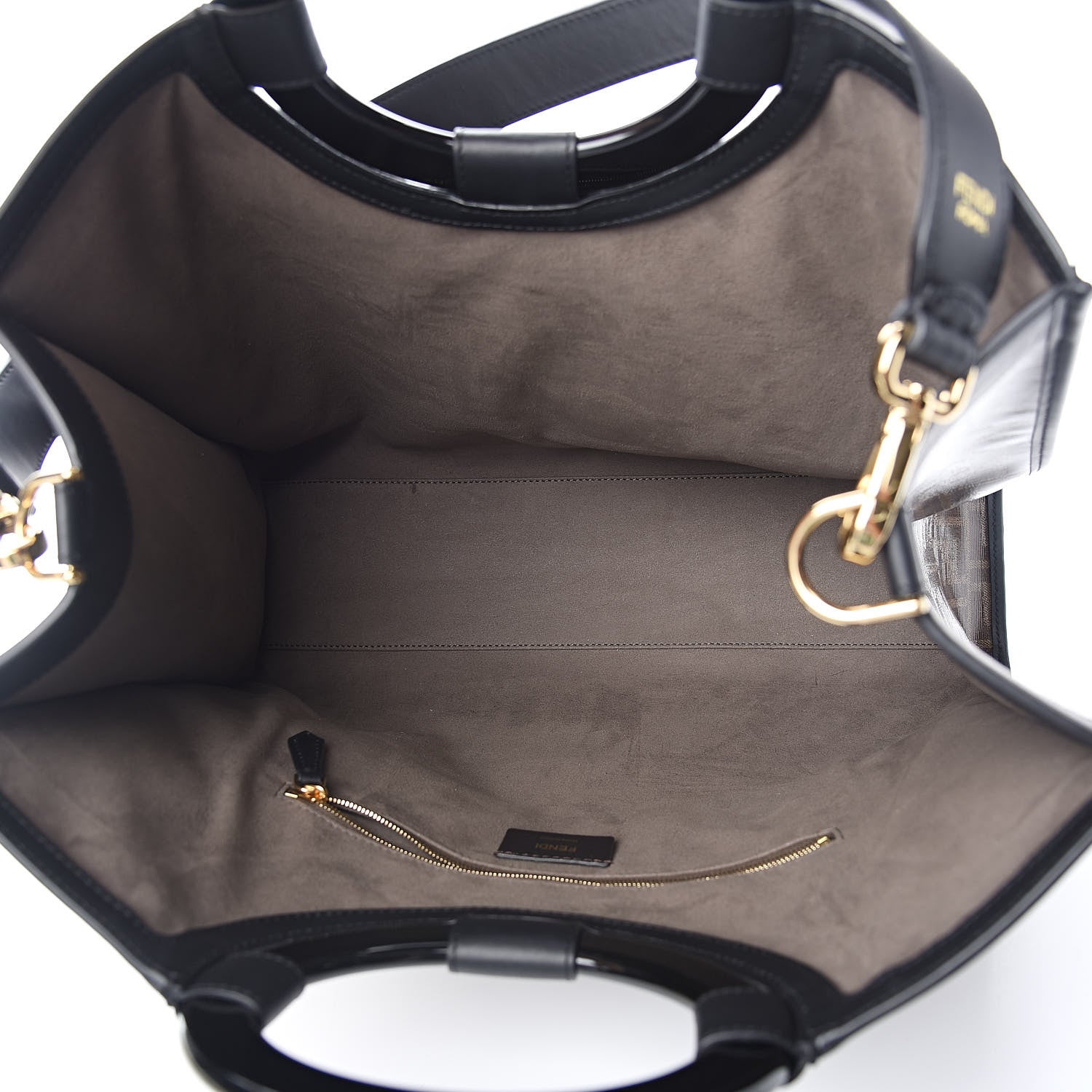 Fendi Glazed Fabric Vitello Century Plexiglass FF 1974 Stamp Patch Medium Runaway Shopper Tote Mogano Panna Black 5 of 10