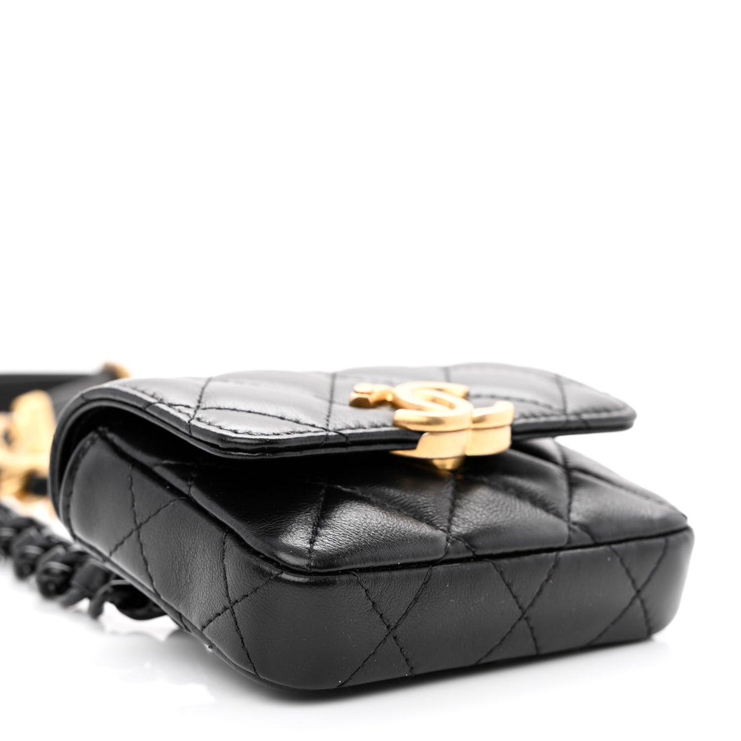 Lambskin Lacquered Metal Quilted Flap Chain Belt Bag Black
