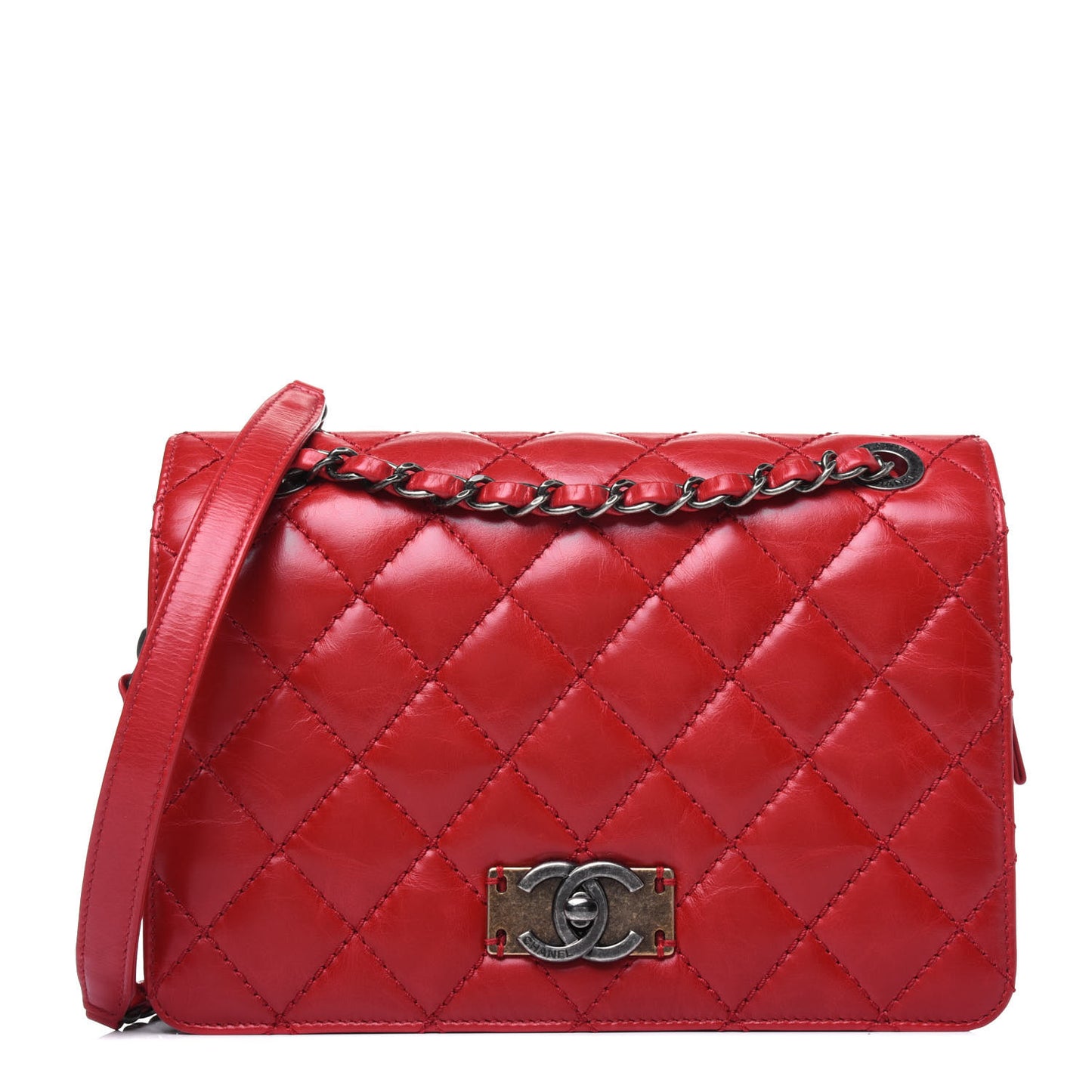Glazed Calfskin Quilted Small Day Trip Flap Red