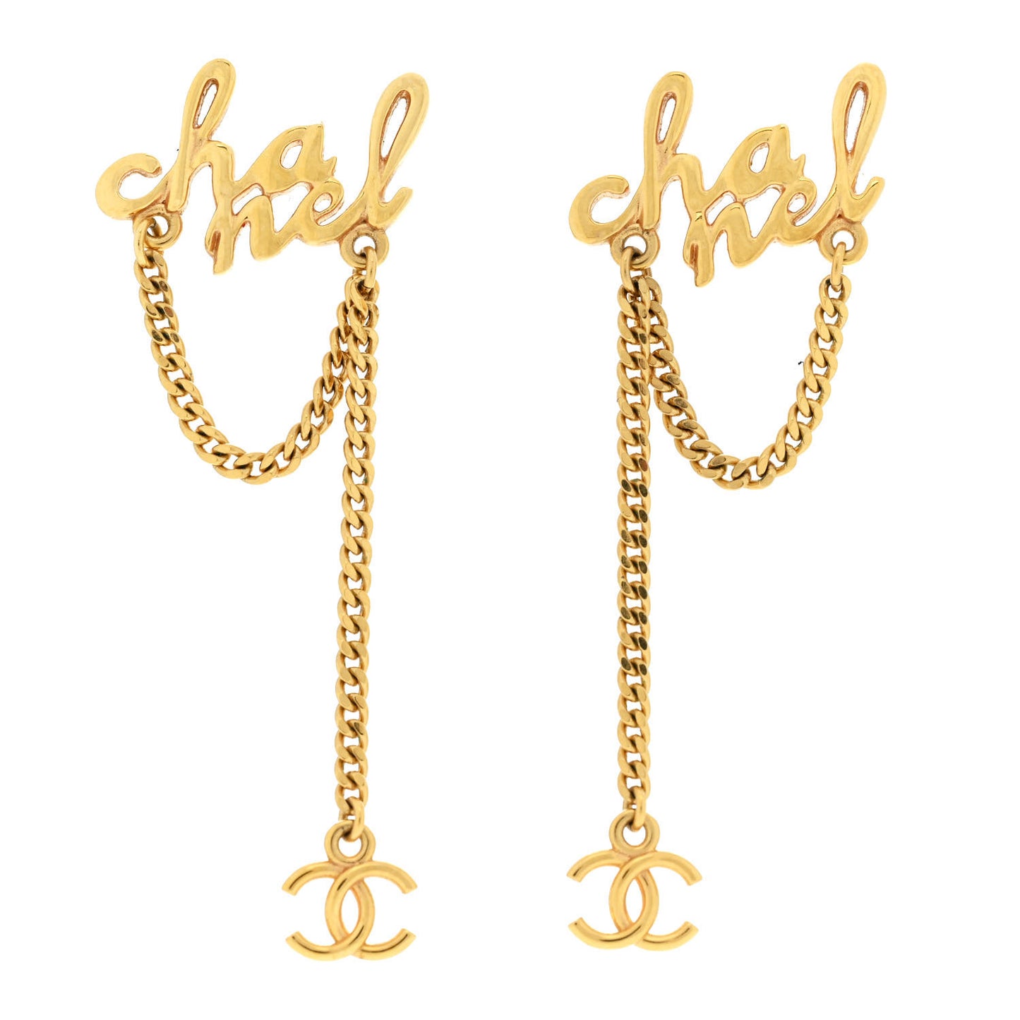 Metal CC Logo Chain Drop Earrings Gold