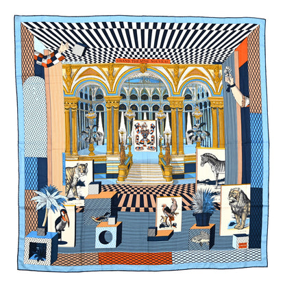Hermes Cashmere Silk Grand Theatre Nouveau Shawl 140 Bleu Gold White 1 of 6