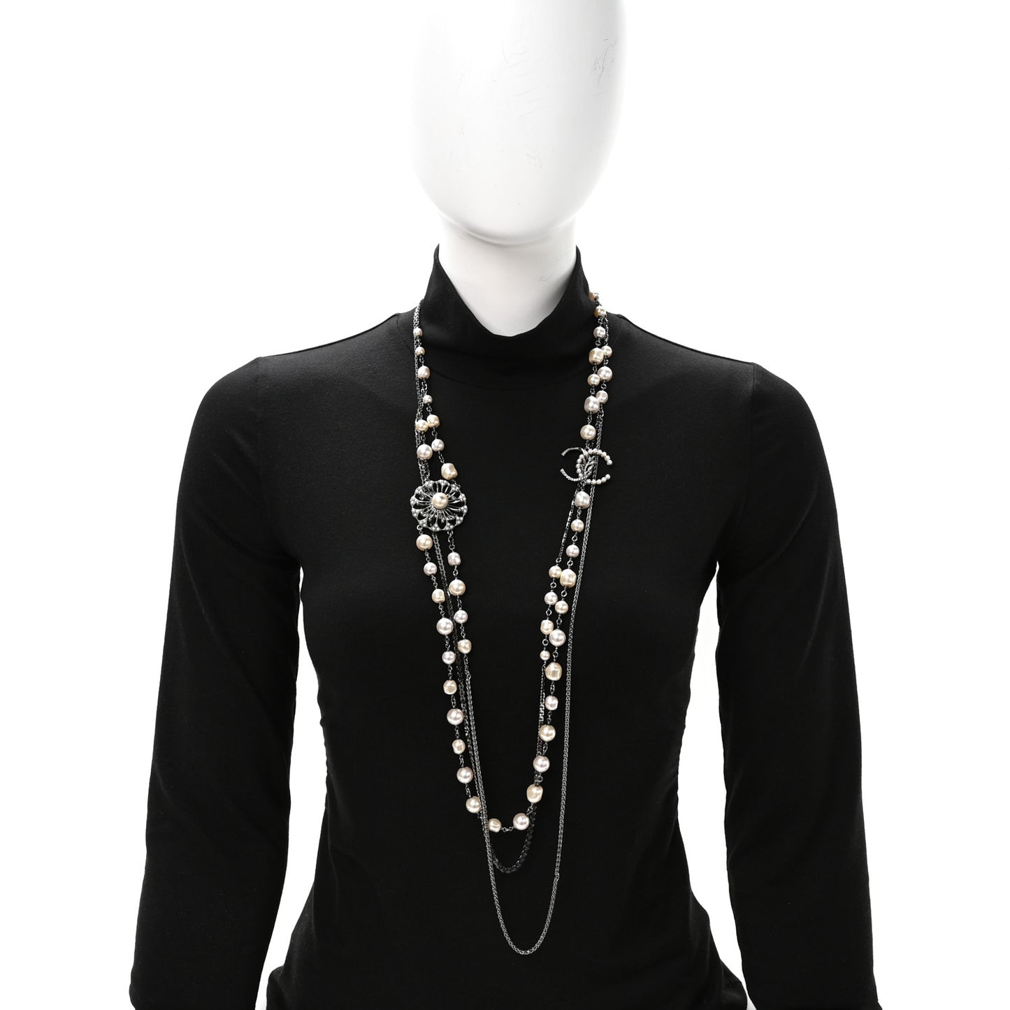 Glass Pearl Crystal CC Leaf Multi Strand Long Necklace Ruthenium