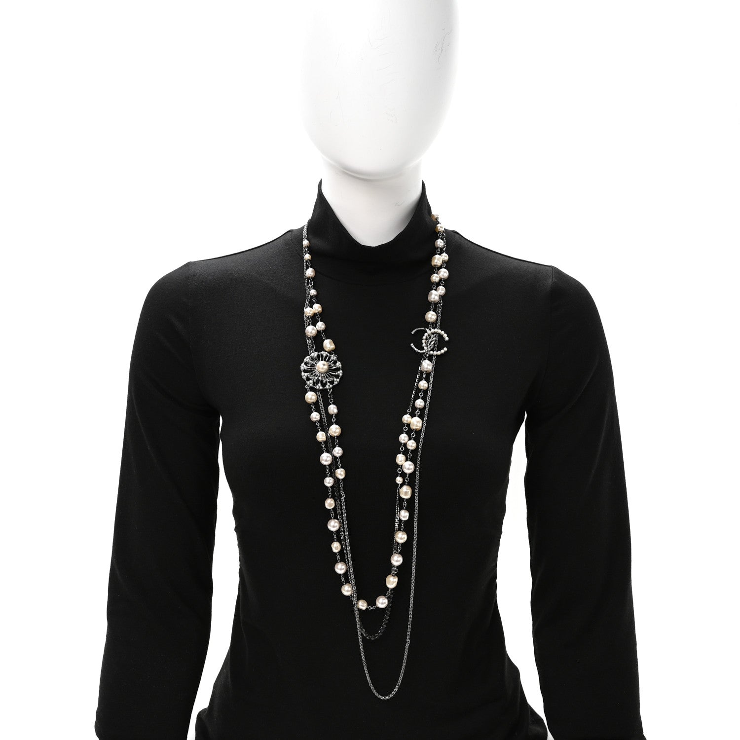 Chanel Glass Pearl Crystal CC Leaf Multi Strand Long Necklace Ruthenium 2 of 5
