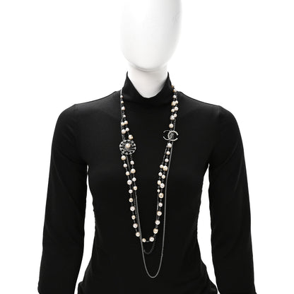 Chanel Glass Pearl Crystal CC Leaf Multi Strand Long Necklace Ruthenium 2 of 5