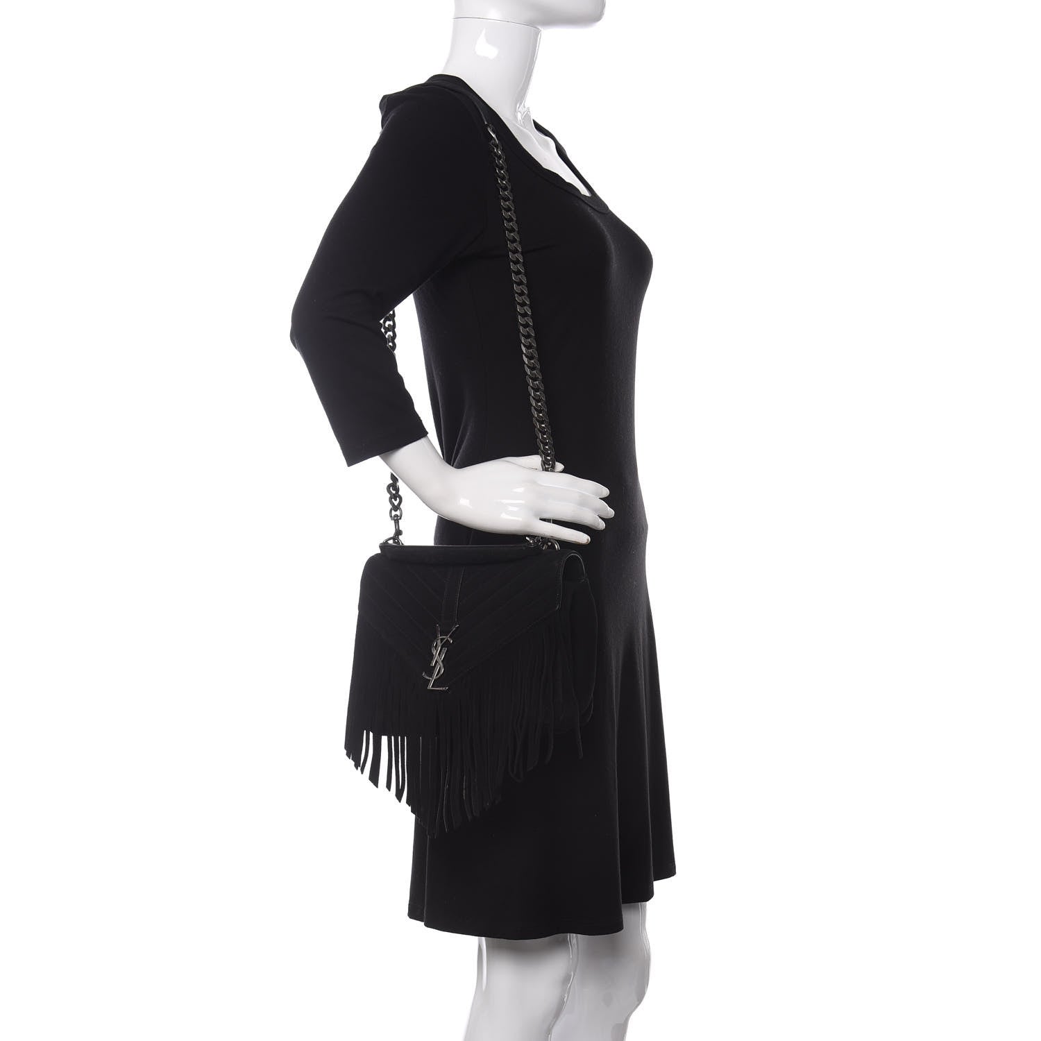 Saint Laurent Suede Matelasse Chevron Fringe Monogram Medium College Bag Black 2 of 11