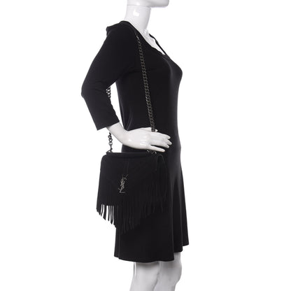 Saint Laurent Suede Matelasse Chevron Fringe Monogram Medium College Bag Black 2 of 11