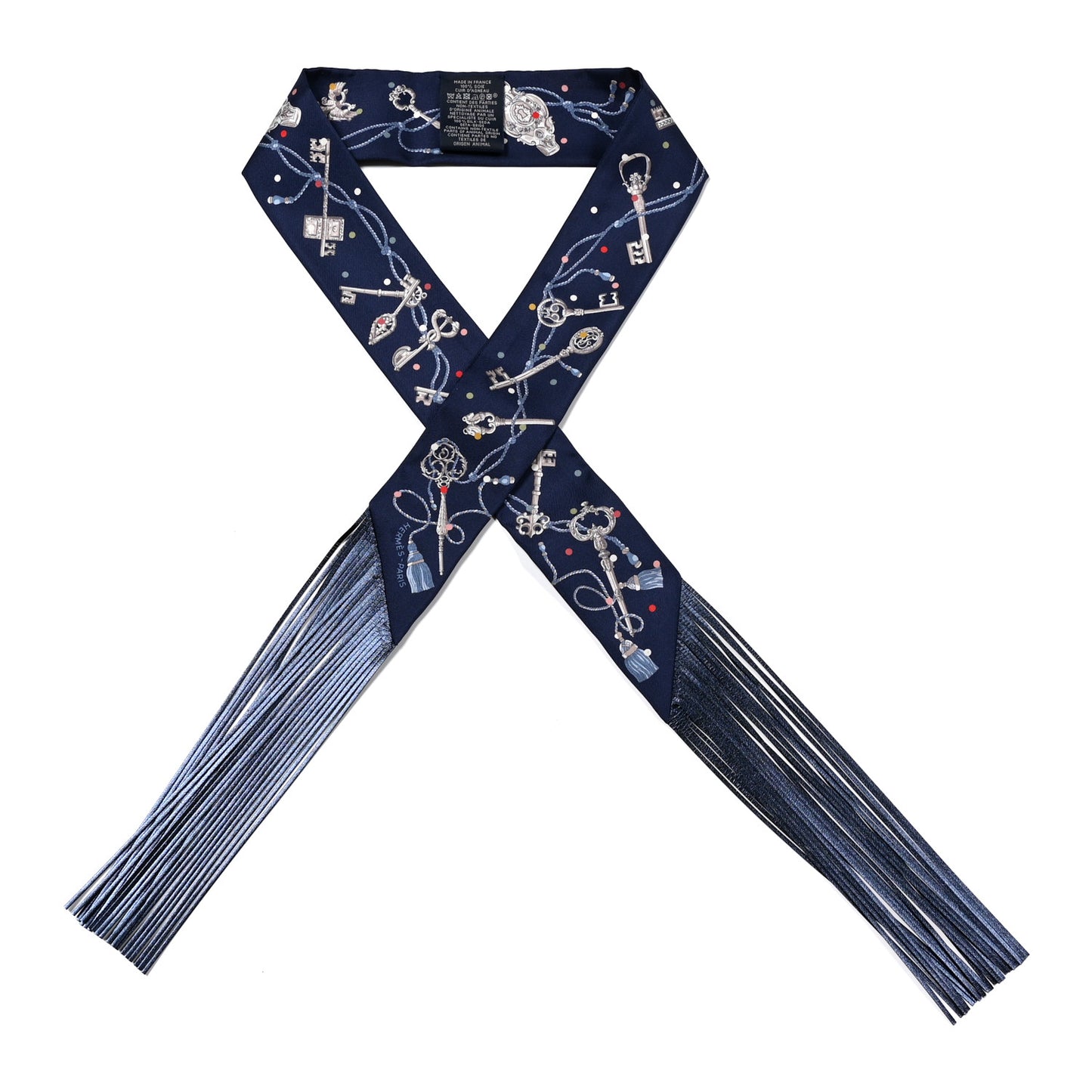 Silk Metallic Agneau Les Cles A Pois Fringed Twilly Bleu Marine Gris Argent Multicolor