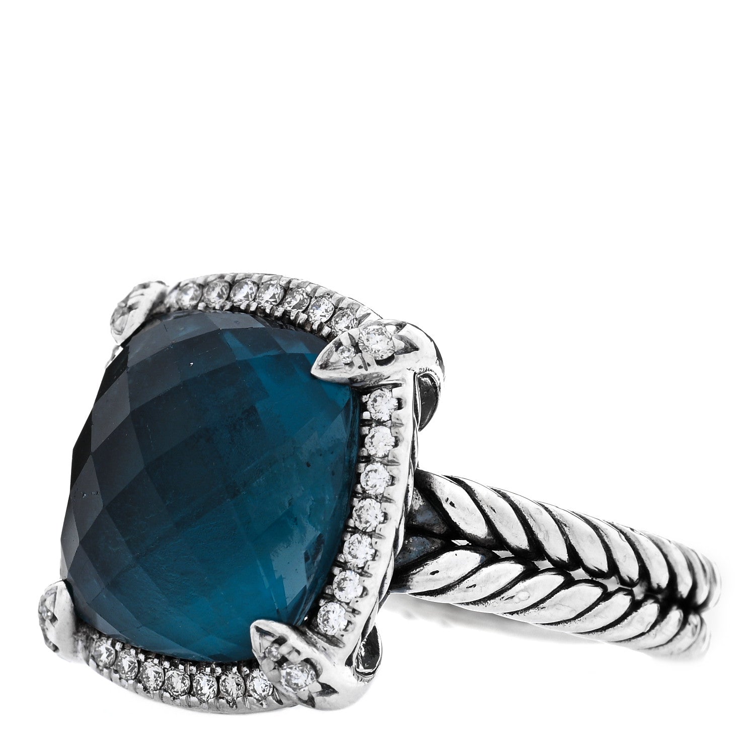 David Yurman Sterling Silver Diamond Hampton Blue Topaz 14mm Chatelaine Pave Bezel Ring 57 8 3 of 6