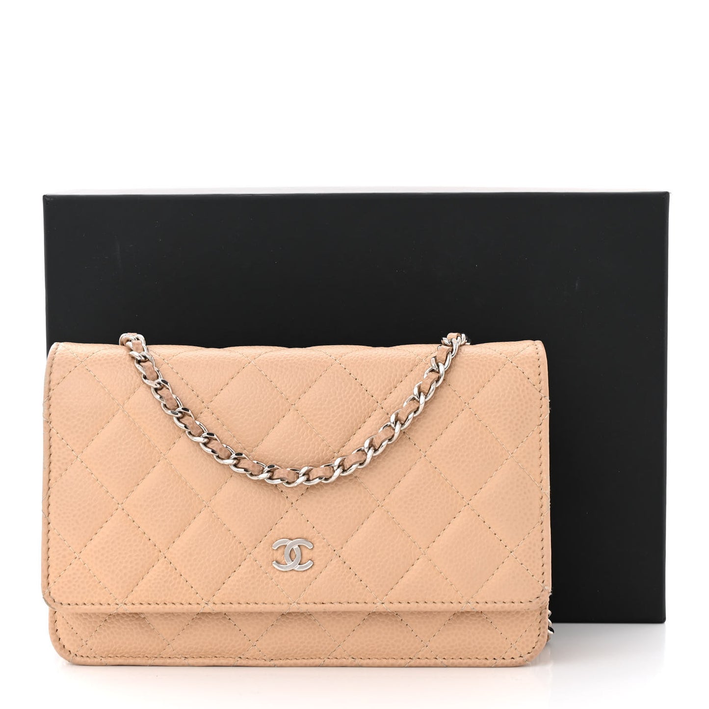 Caviar Quilted Wallet on Chain WOC Beige