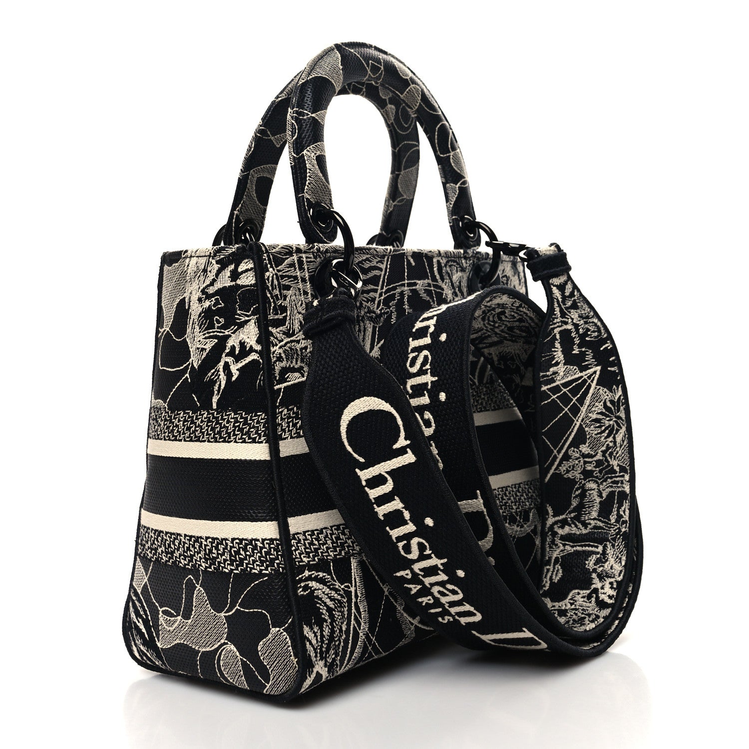 Christian Dior Toile de Jouy Embroidered Medium Lady D-Lite Black White 3 of 9