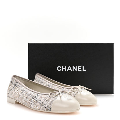 Chanel Wool Cotton Tweed Lambskin Cap Toe Ballerina Flats 37.5 Gray Black Gold 9 of 9