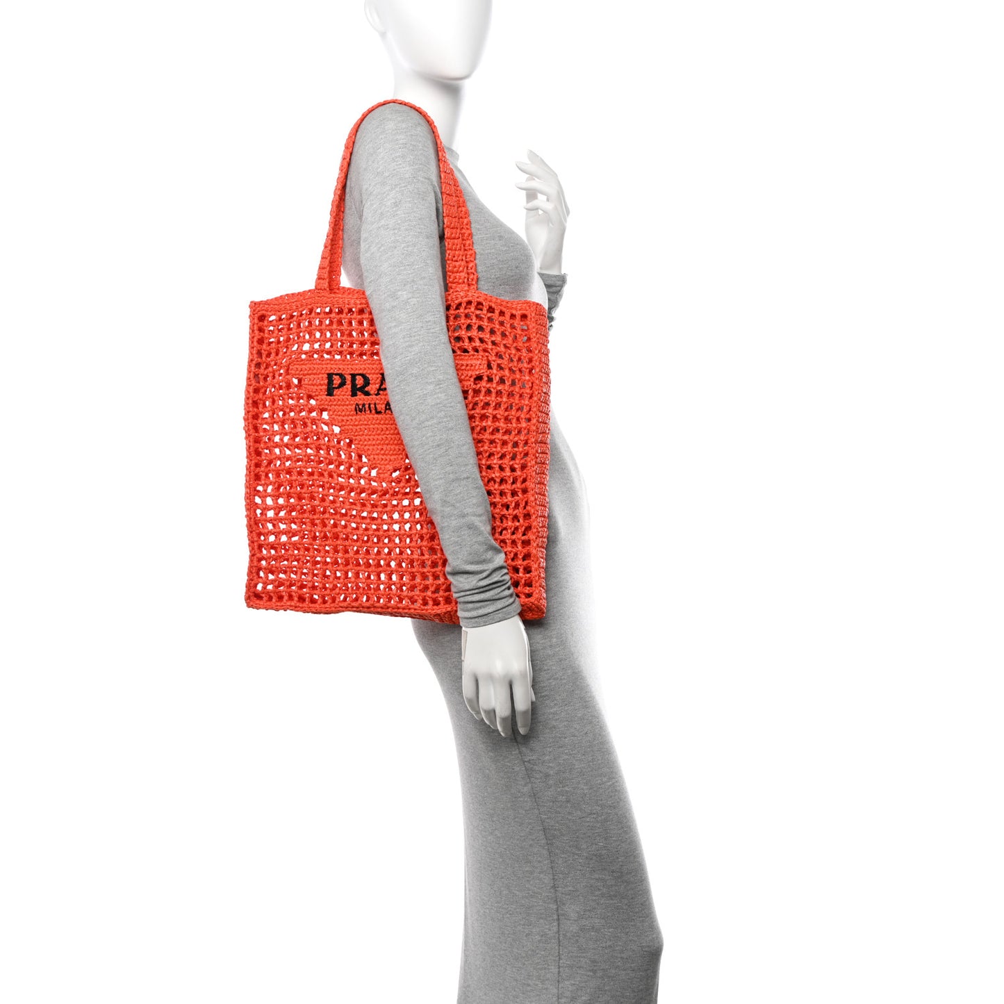 Yarn Raffia Effect Crochet Logo Embroidered Tote Bag Arancio