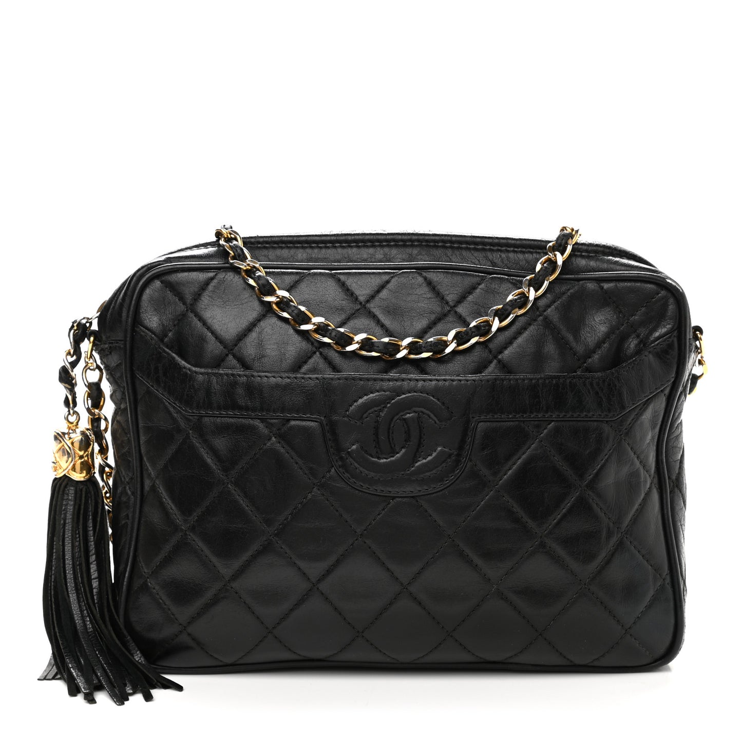 Lambskin Quilted CC Tassel Camera Case Black