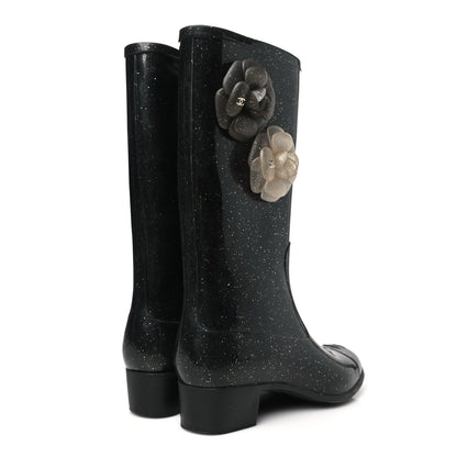 Chanel Rubber Glitter Camellia Rain Boots 38 Black 5 of 8